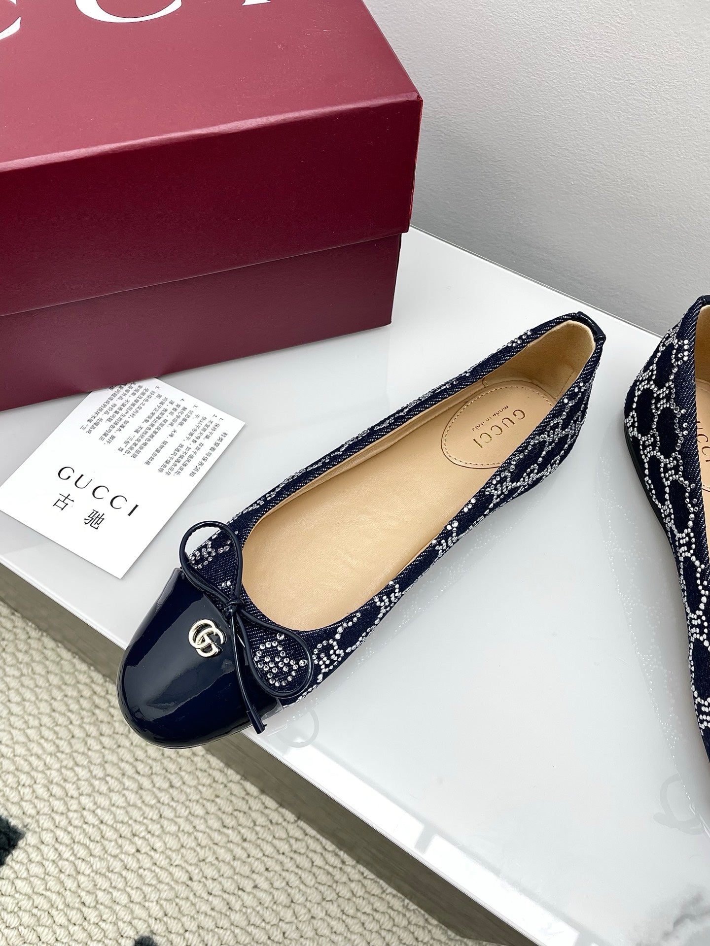 GG Women's Crystal Ballet Flat Dark Blue Denim Patent Leather Trim 511494