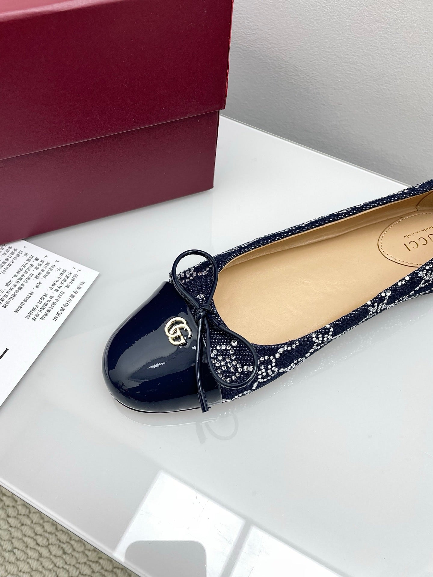 GG Women's Crystal Ballet Flat Dark Blue Denim Patent Leather Trim 511494