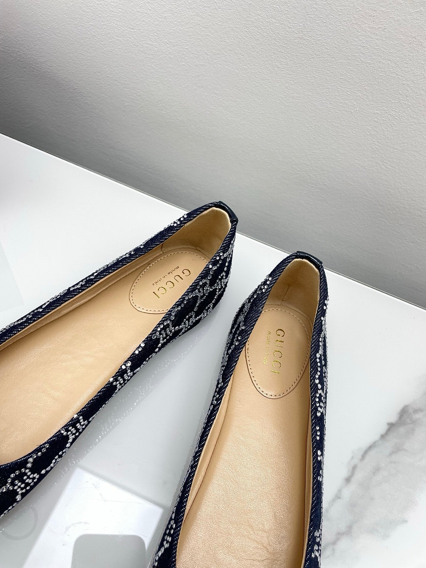 GG Women's Crystal Ballet Flat Dark Blue Denim Patent Leather Trim 511494