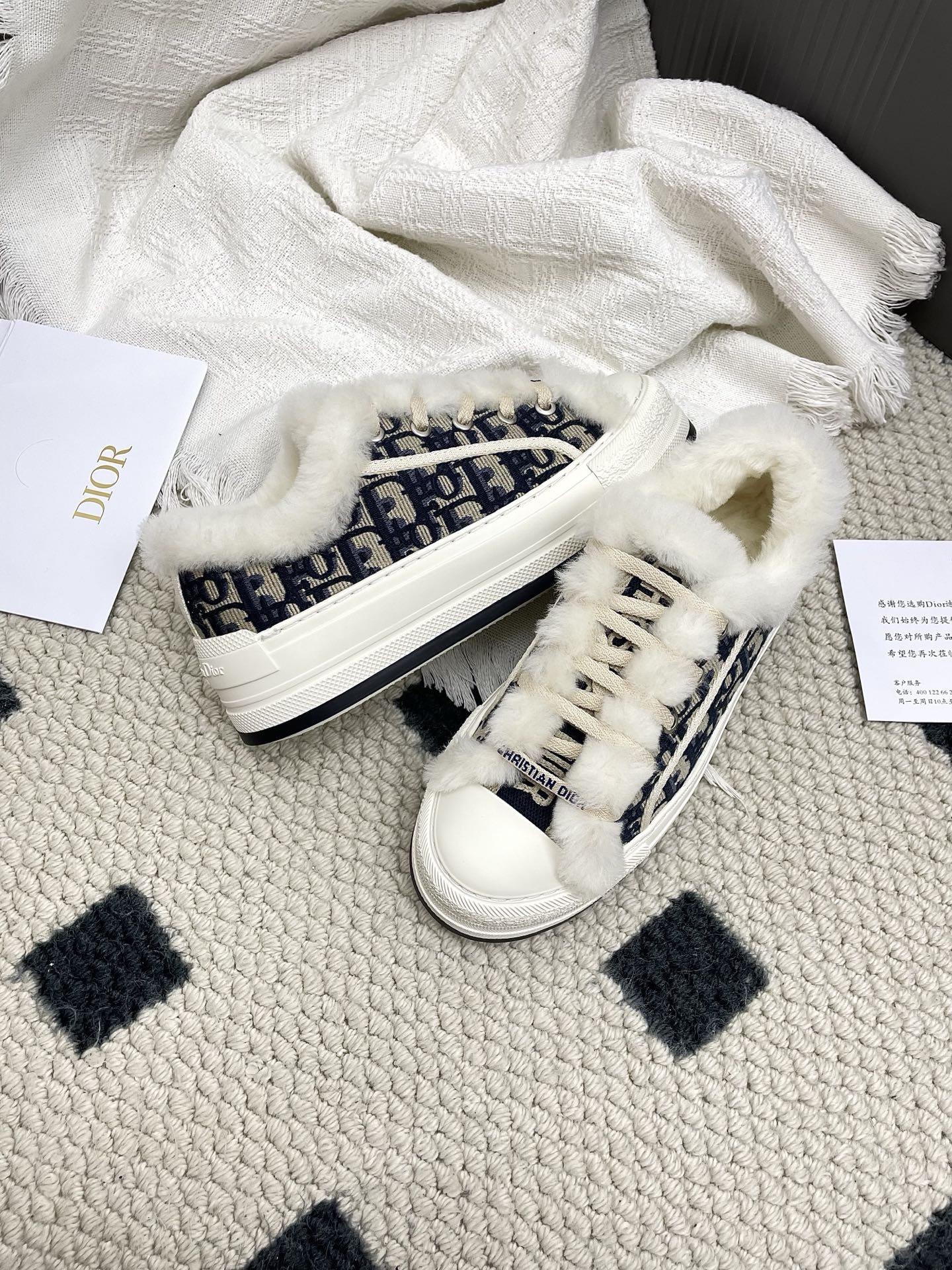CD Walk'n Dior Platform Sneaker Black Beige Oblique Motif Fabric Wool