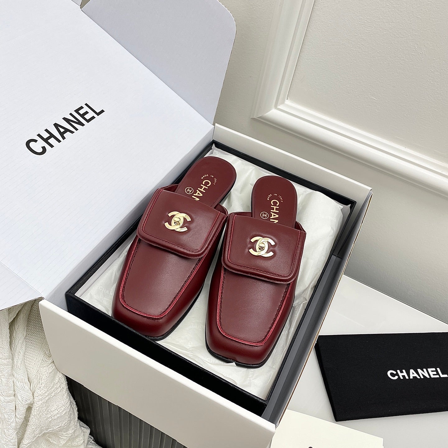 CC Double C Buckle Square Mules Burgundy Sheepskin 726525