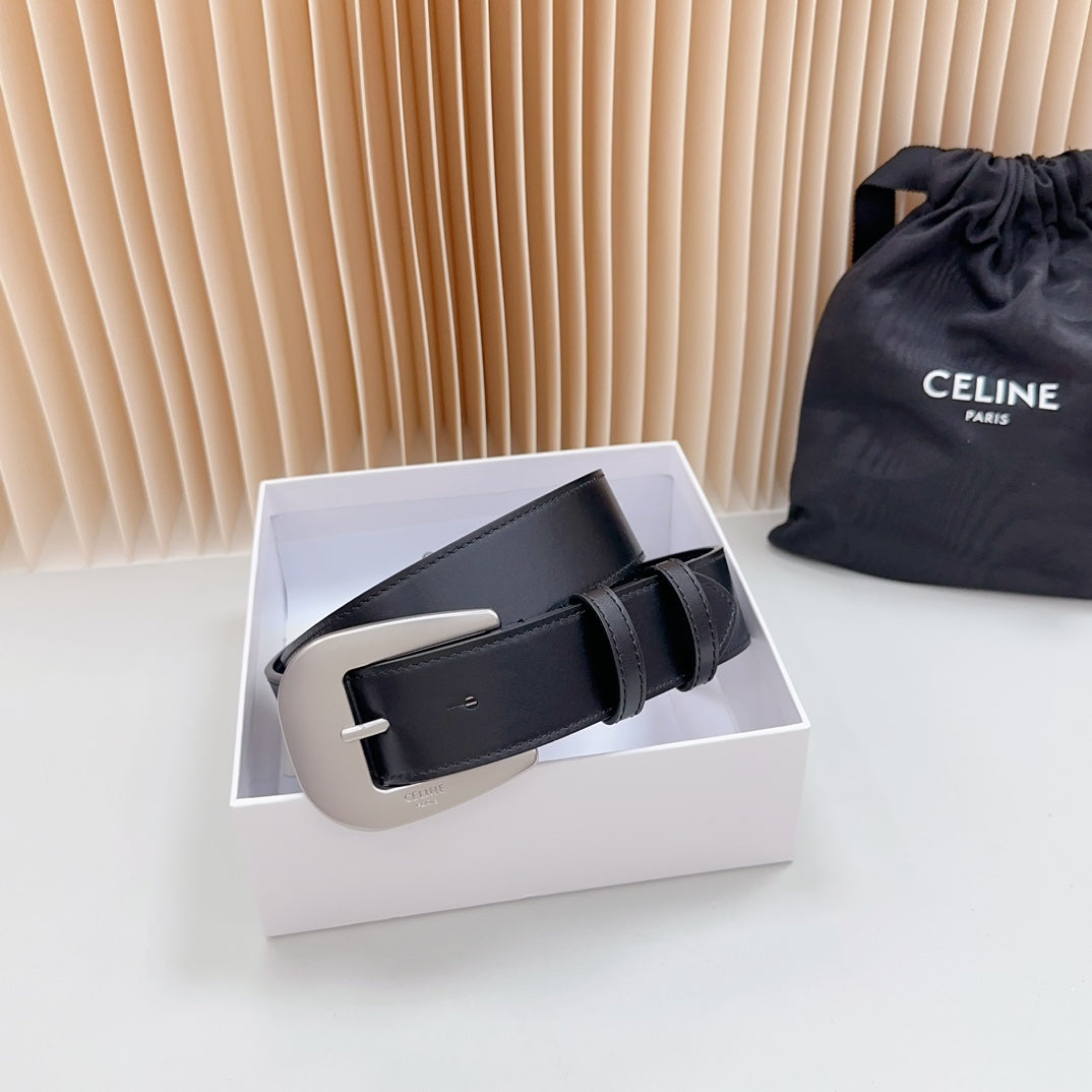 CEL Silver Western 35mm Belt Black Cowhide 175058