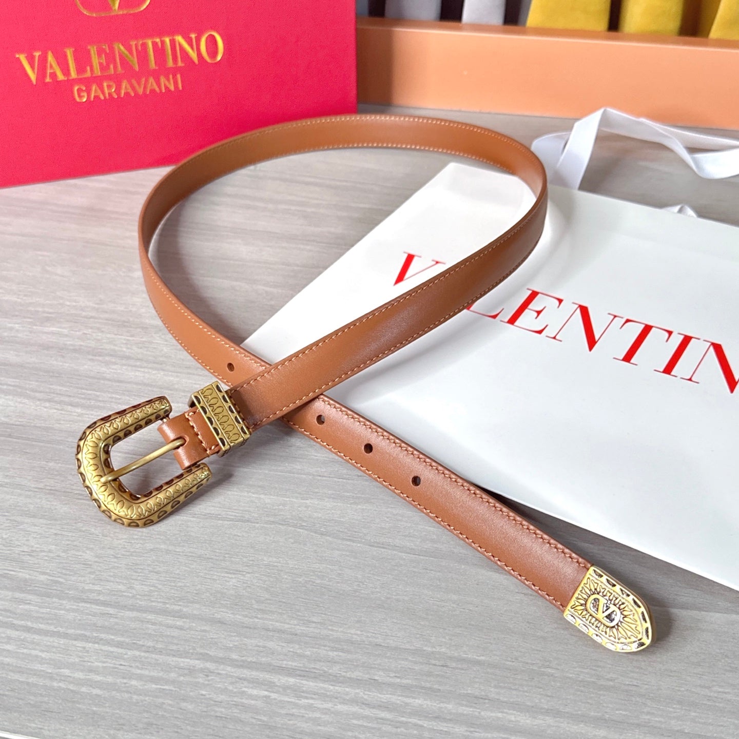Valentino VLogo Signature Belt 2.0cm Tan Brown Cowhide 202889
