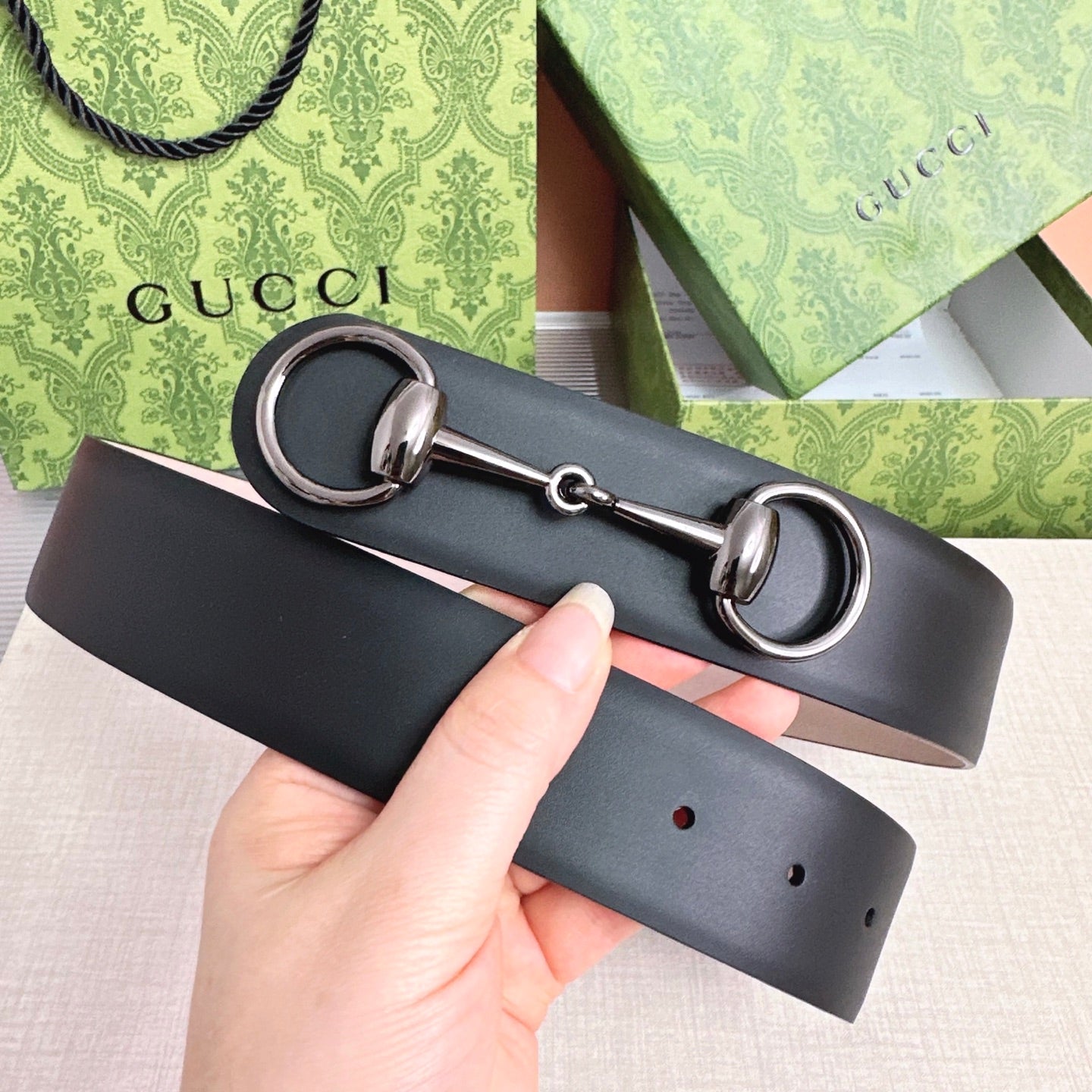 Gucci Horsebit 1955 Belt 4cm Black Pink Calfskin