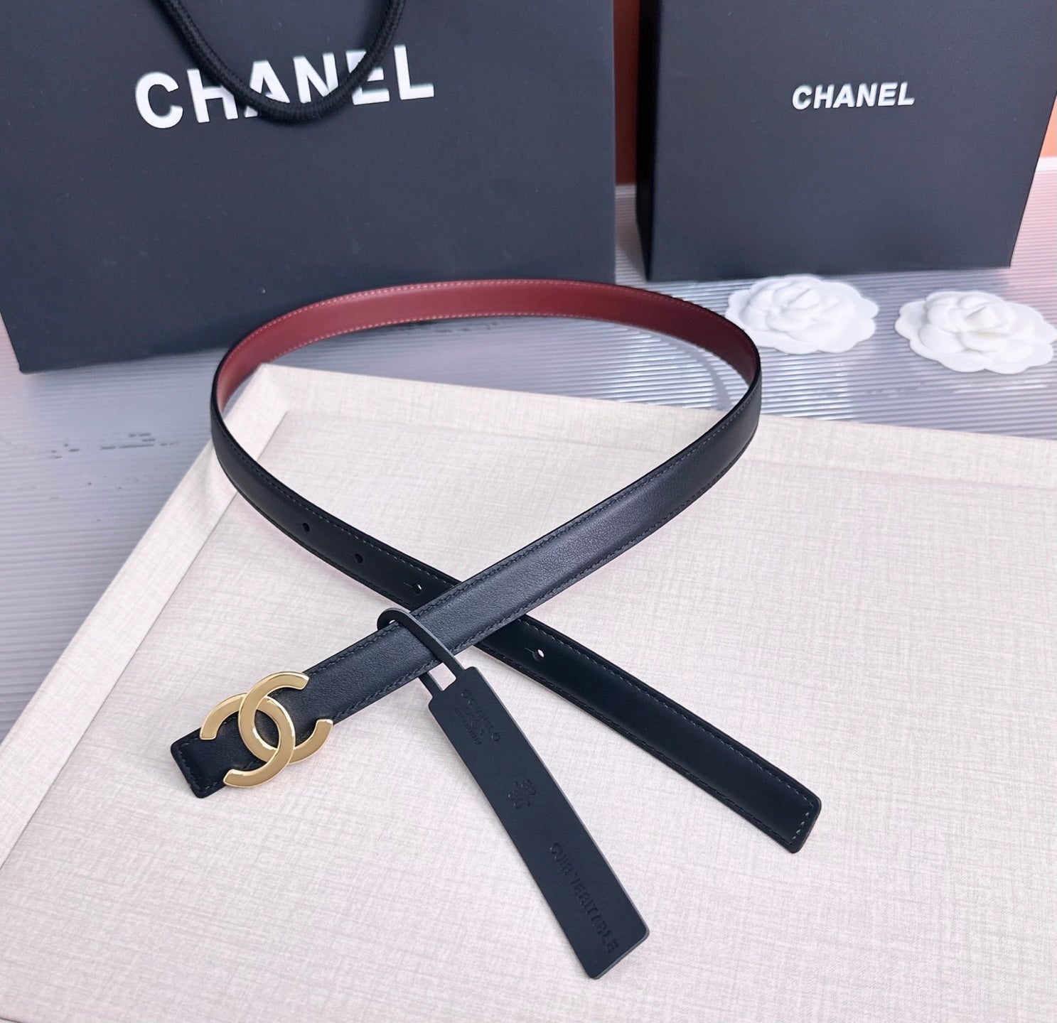 CC 26s 2cm Belt Black Burgundy Calfskin