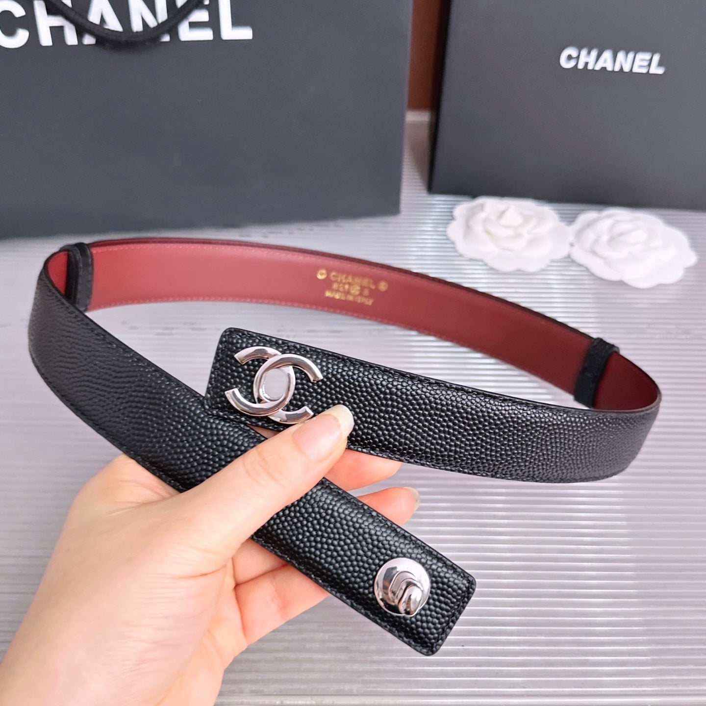 CC Fall Winter 2026 3cm Belt Black Sliver Caviar Leather