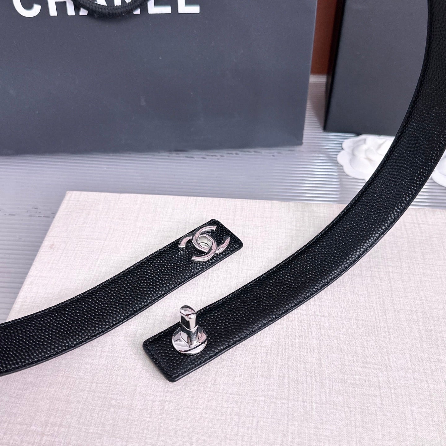 CC Fall Winter 2026 3cm Belt Black Sliver Caviar Leather