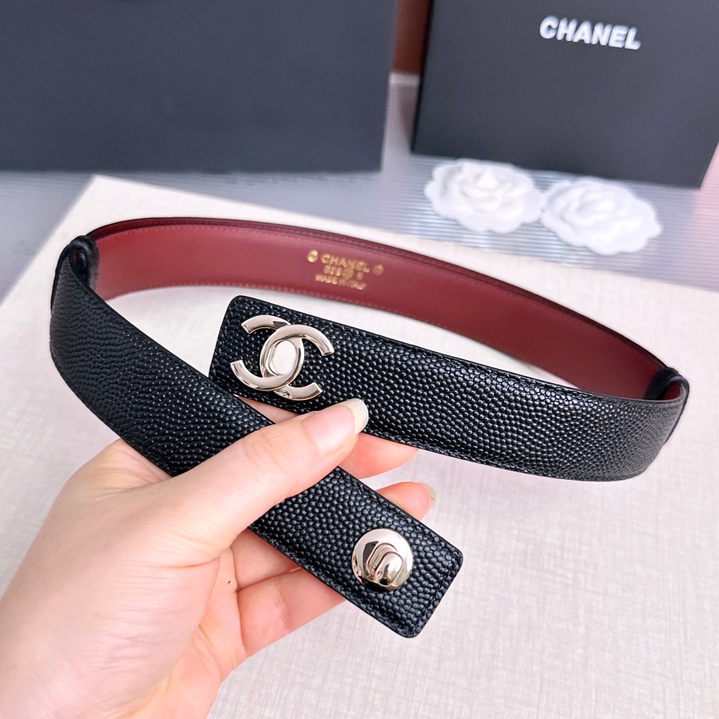CC Fall Winter 2026 3cm Belt Black Gold Caviar Leather