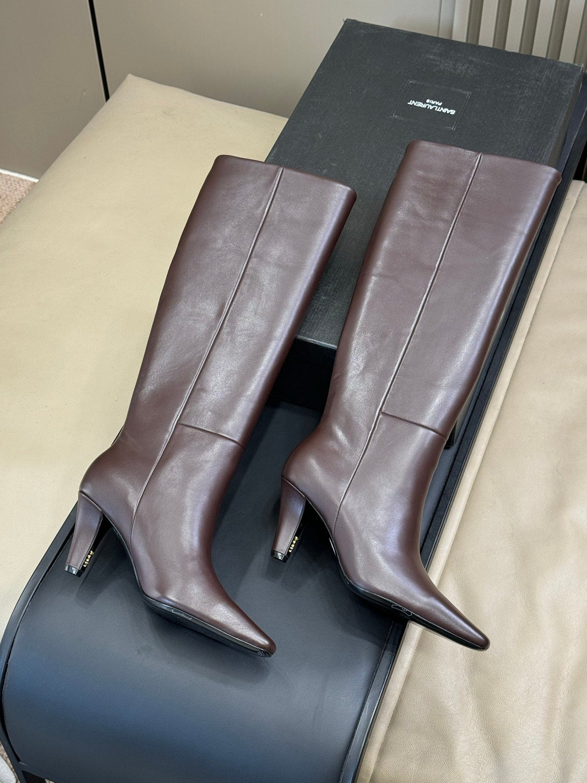 YSL 26s Le Cassandre Boots Stiletto Dark Brown Smooth Leather 157718