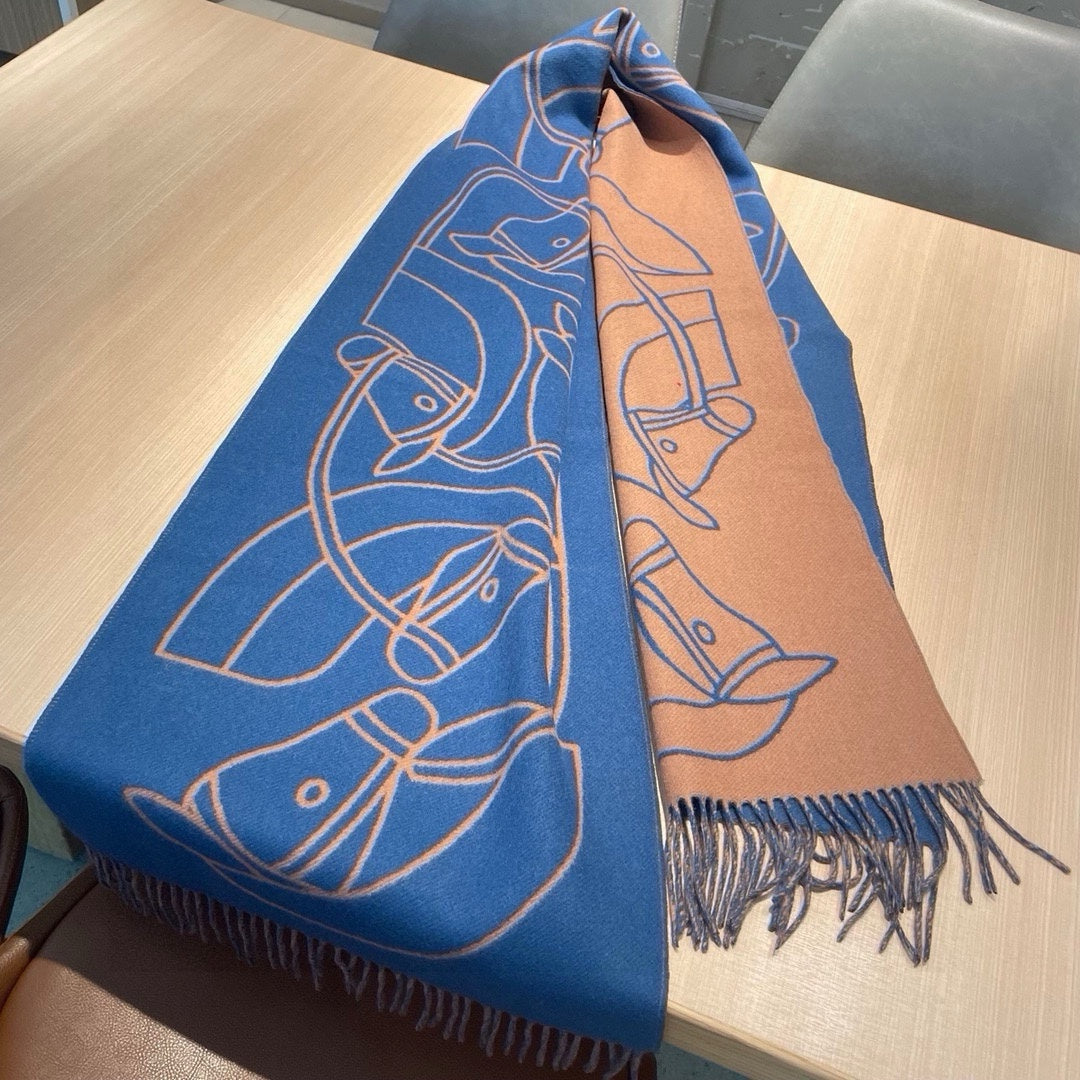 Casaque Entrelacs Equestres Scarf 195 CM Blue Mix Light Brown Cashmere