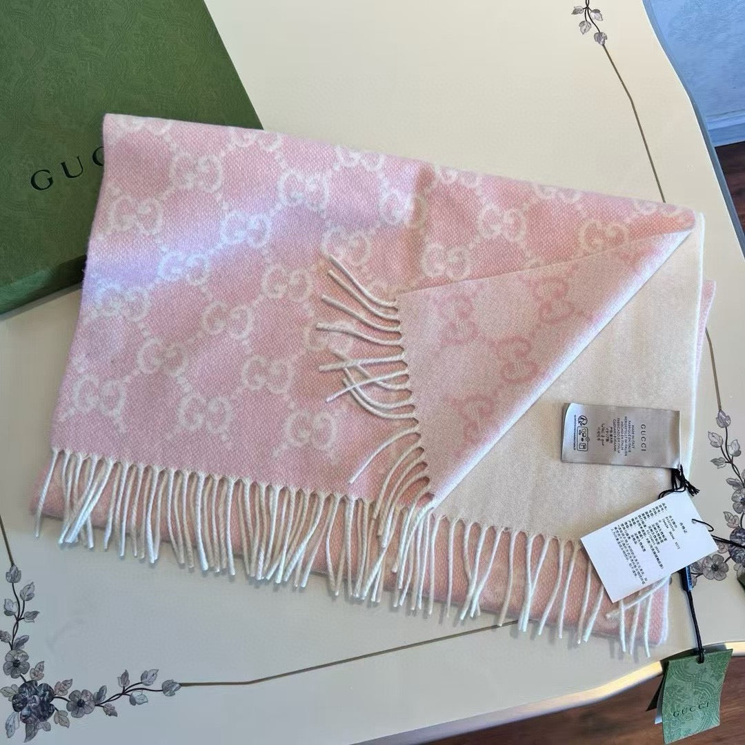 GG 26s Pink Beige GG Jacquard Fringe Scarf 47x200cm 534823