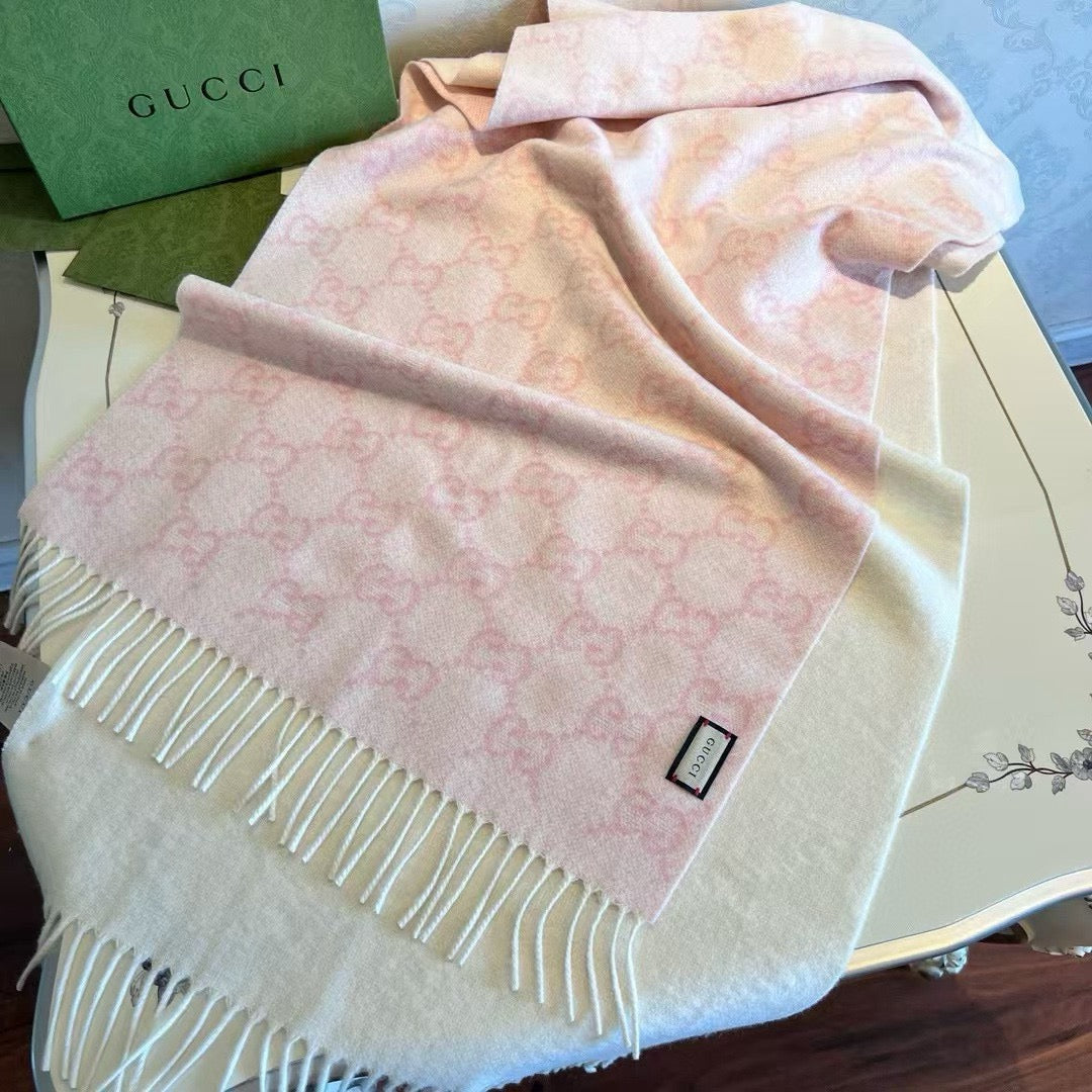GG 26s Pink Beige GG Jacquard Fringe Scarf 47x200cm 534823