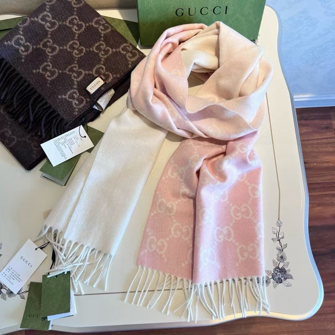 GG 26s Pink Beige GG Jacquard Fringe Scarf 47x200cm 534823