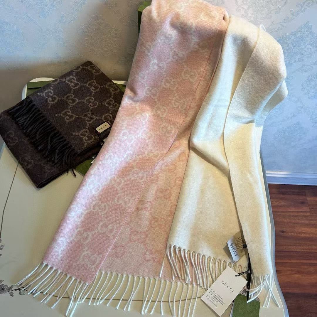 GG 26s Pink Beige GG Jacquard Fringe Scarf 47x200cm 534823