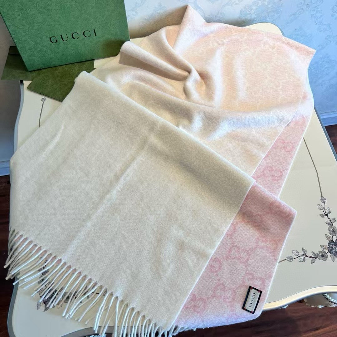 GG 26s Pink Beige GG Jacquard Fringe Scarf 47x200cm 534823