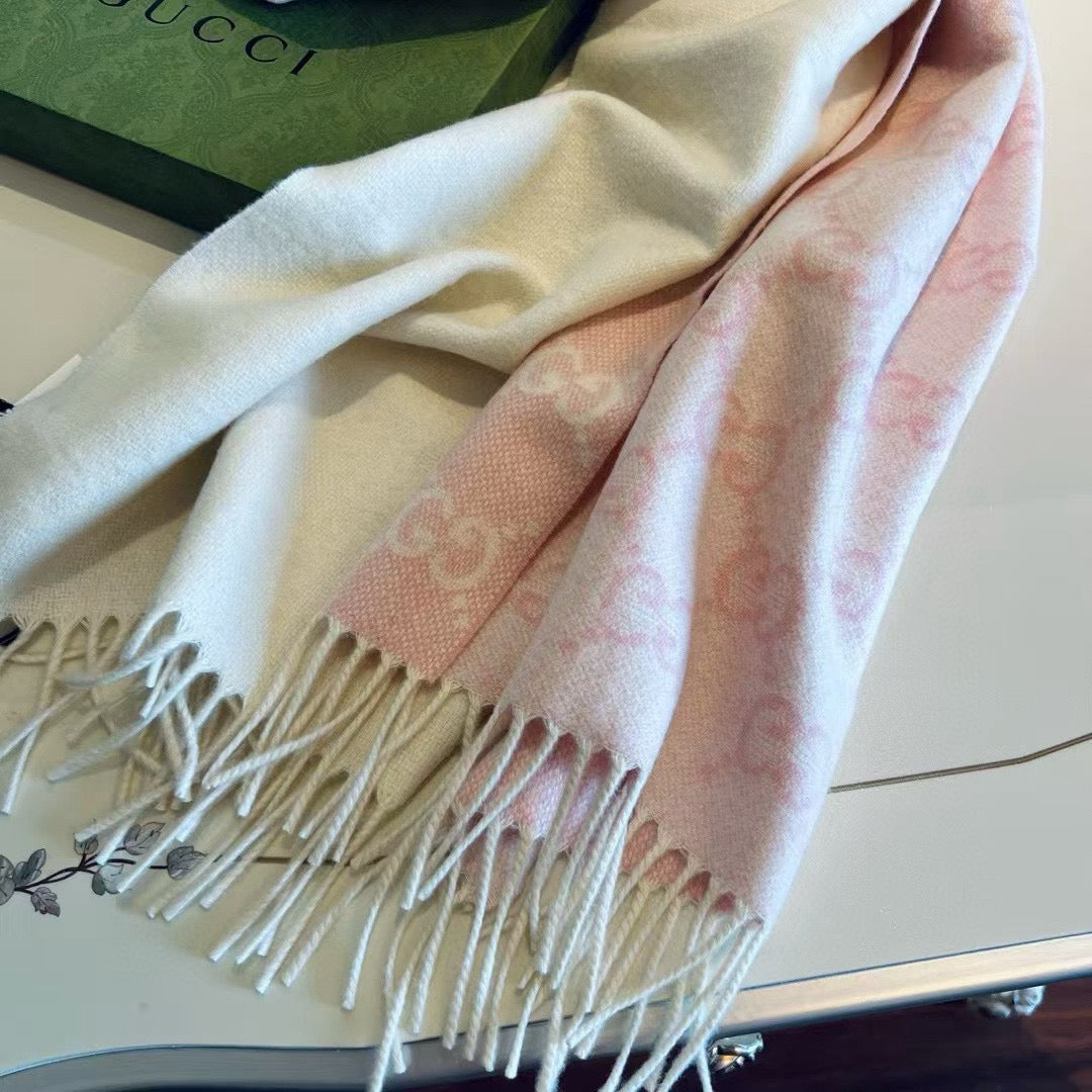 GG 26s Pink Beige GG Jacquard Fringe Scarf 47x200cm 534823