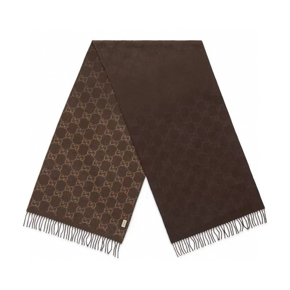 GG 26s Brown Beige GG Jacquard Fringe Scarf 47x200cm 534824