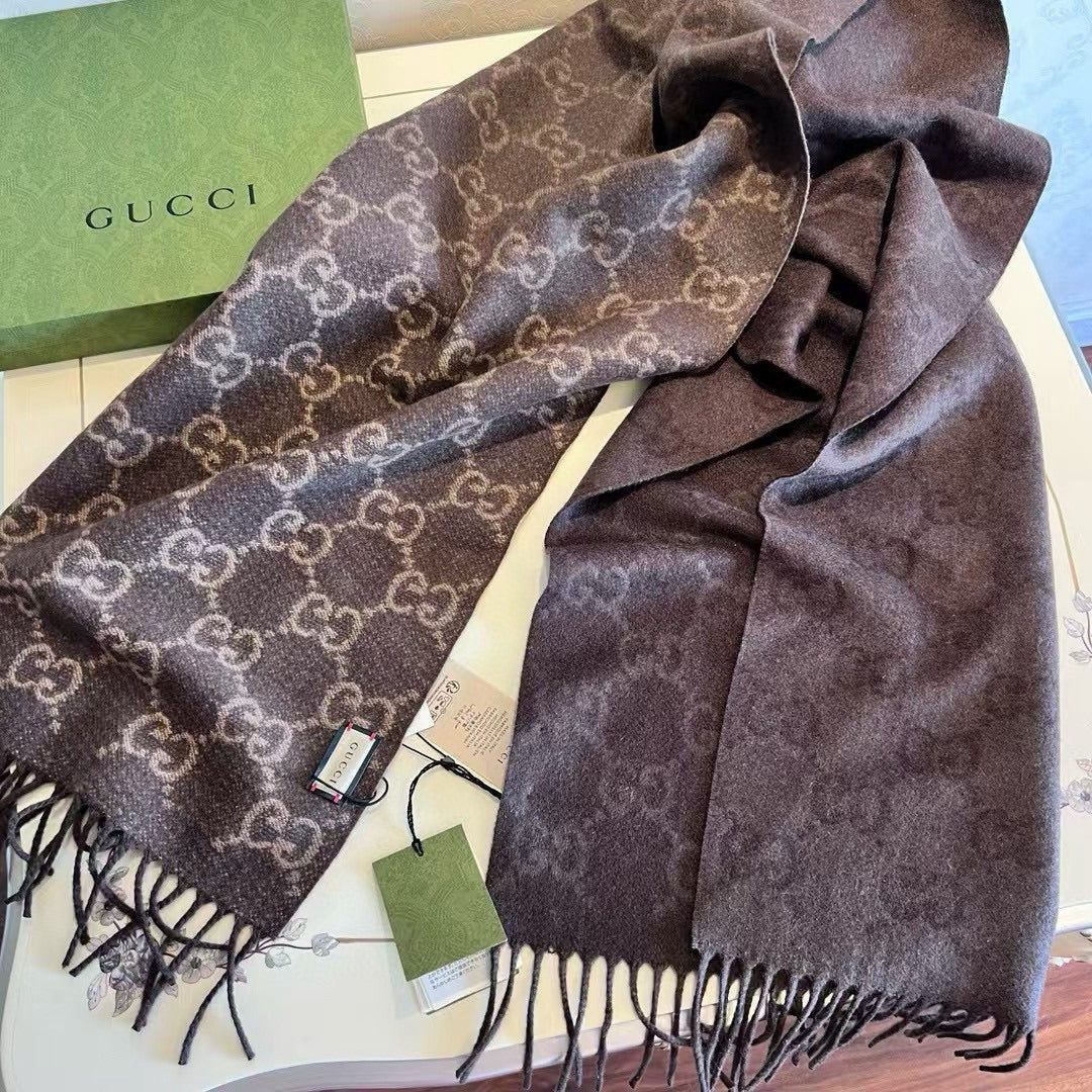GG 26s Brown Beige GG Jacquard Fringe Scarf 47x200cm 534824