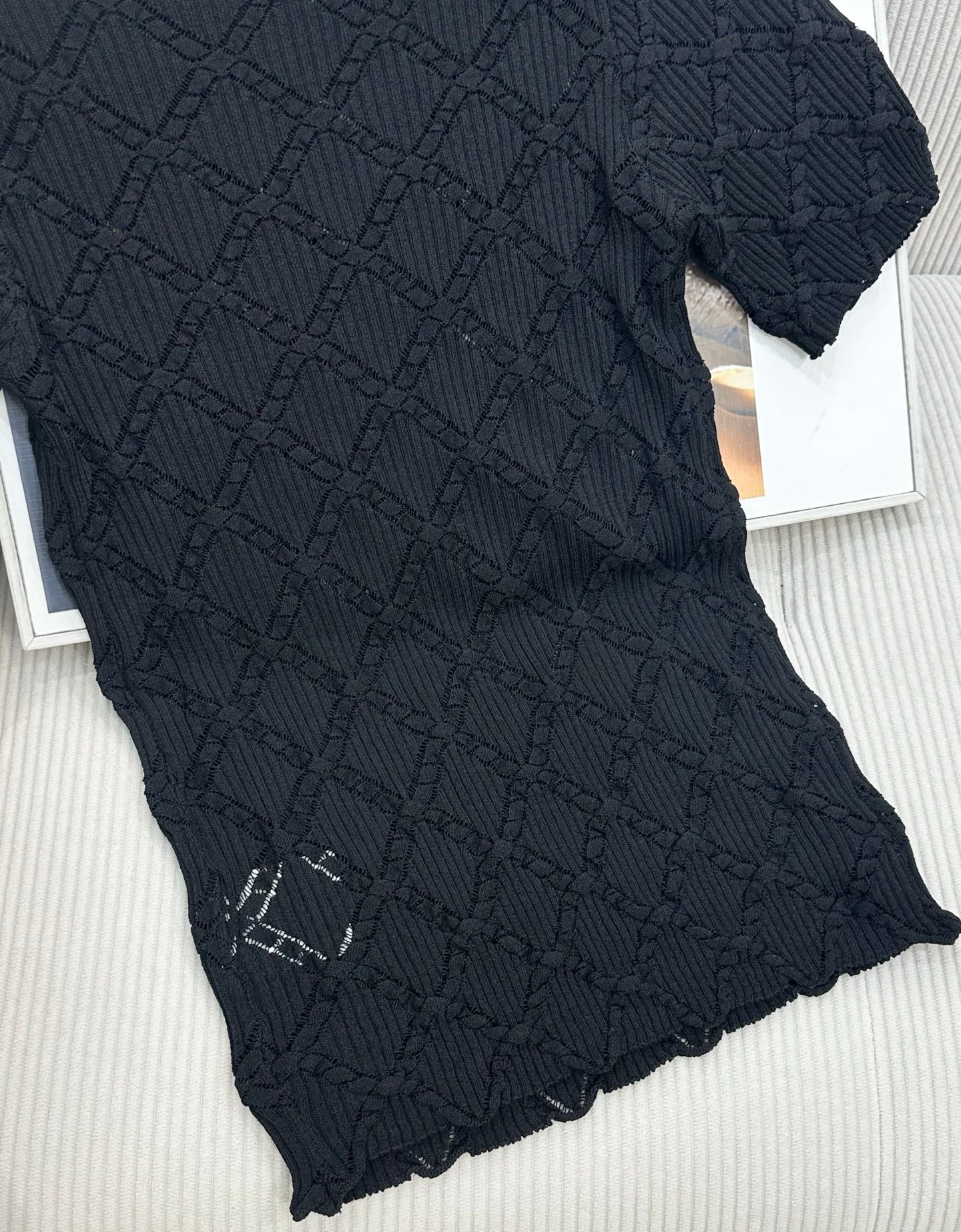 CC 26s Round Neck Knit Short-Sleeved Top Black Tencel Silk 415531