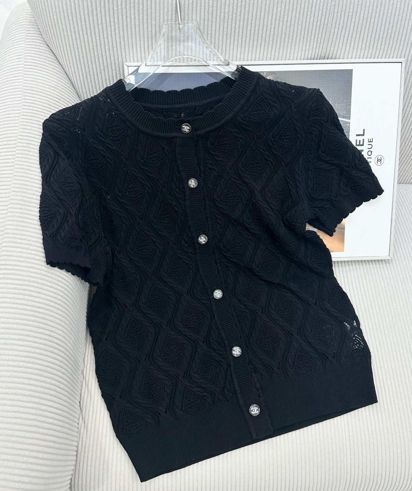 CC 26s Short-Sleeved Cardigan Top Black Tencel Silk 415539