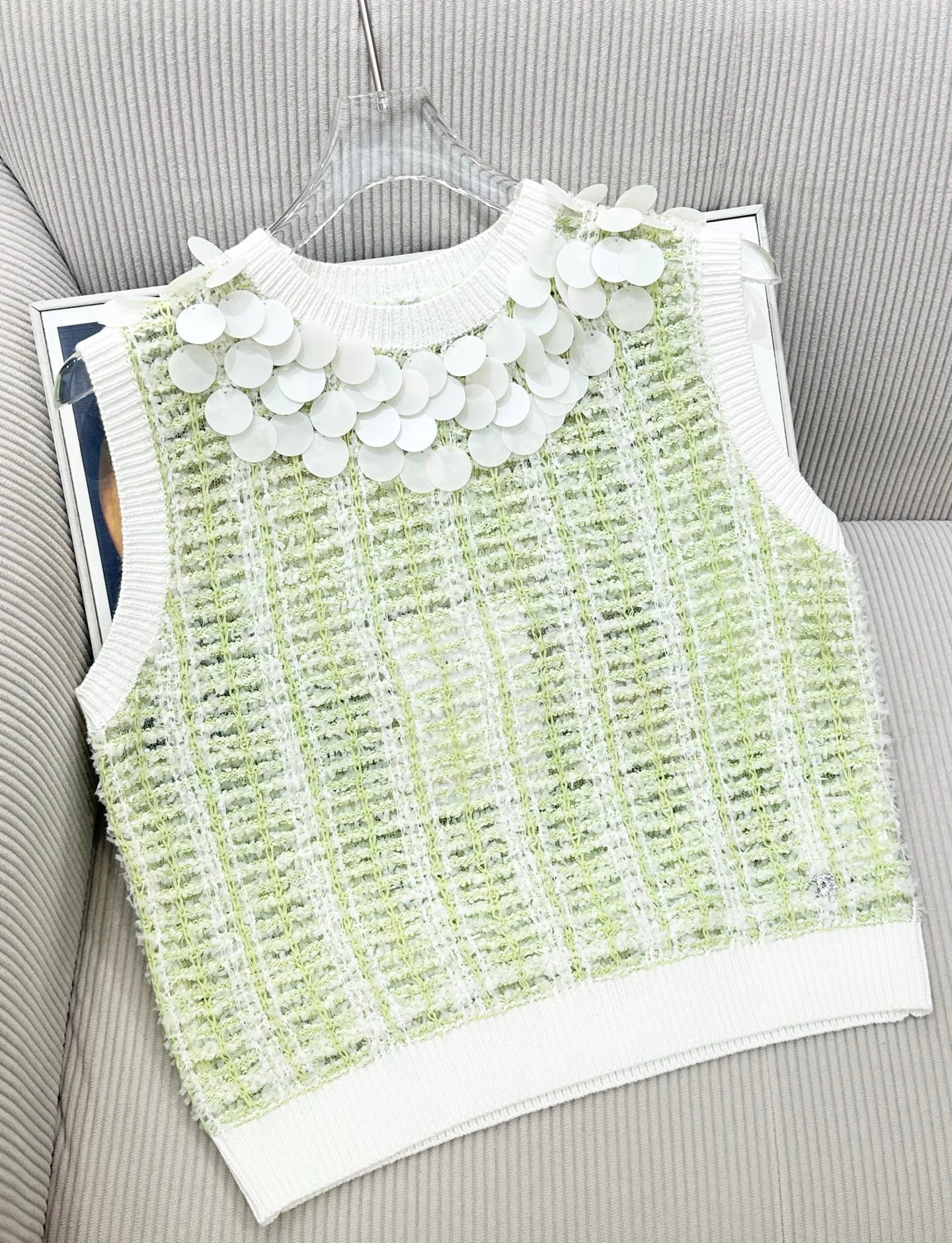 CC 26s Custom-Dyed Yarn Vest Top White Green Cotton 415546