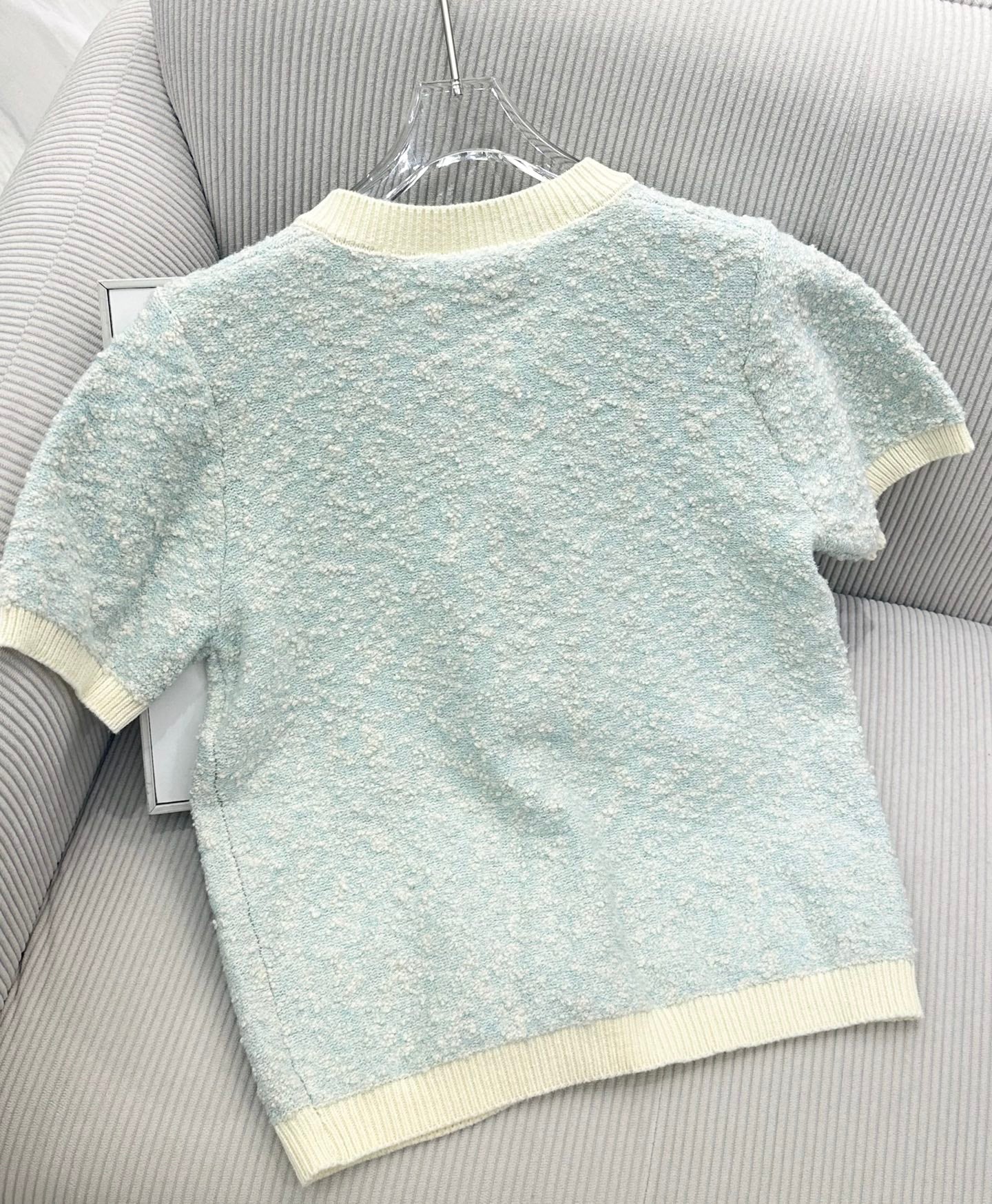 CC 26s Short-Sleeved Cardigan Light Blue Cream Wool Cotton 415529