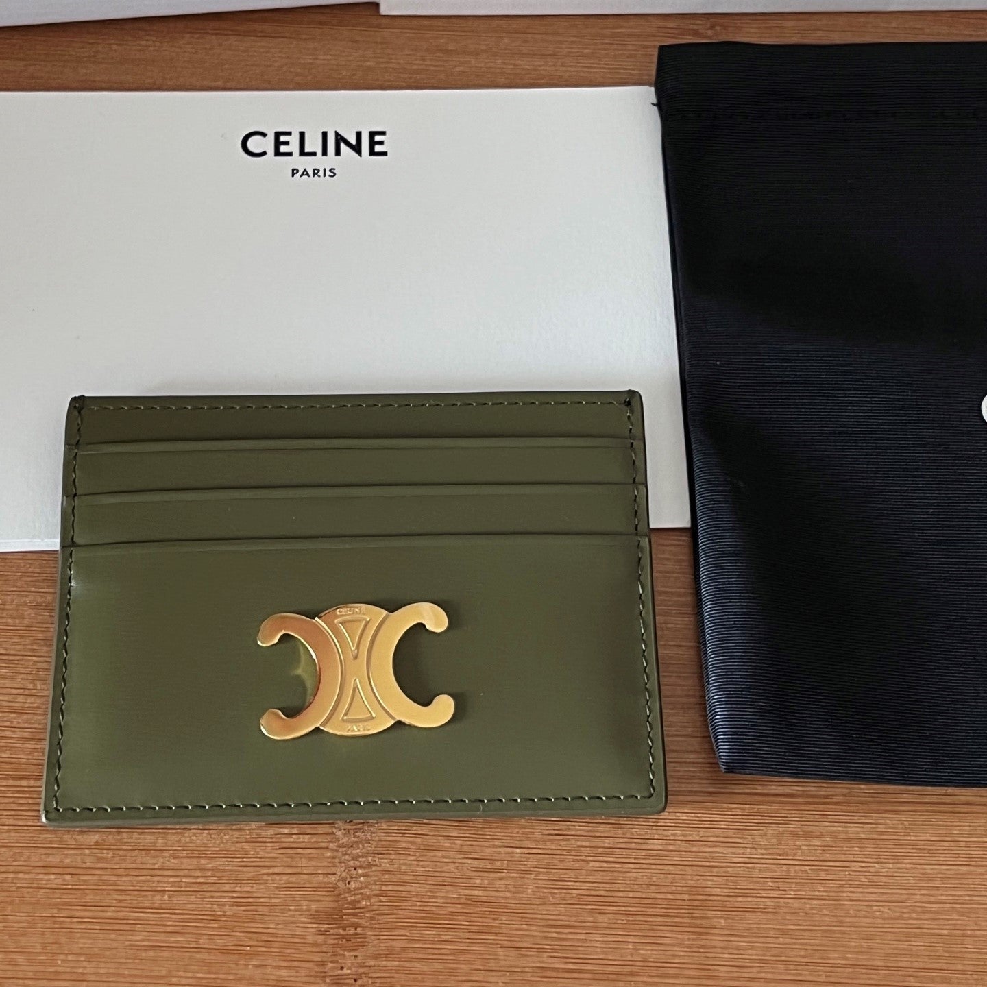 TRIOMPHE Card Holder Olive Green Cowhide& Fabric GHW