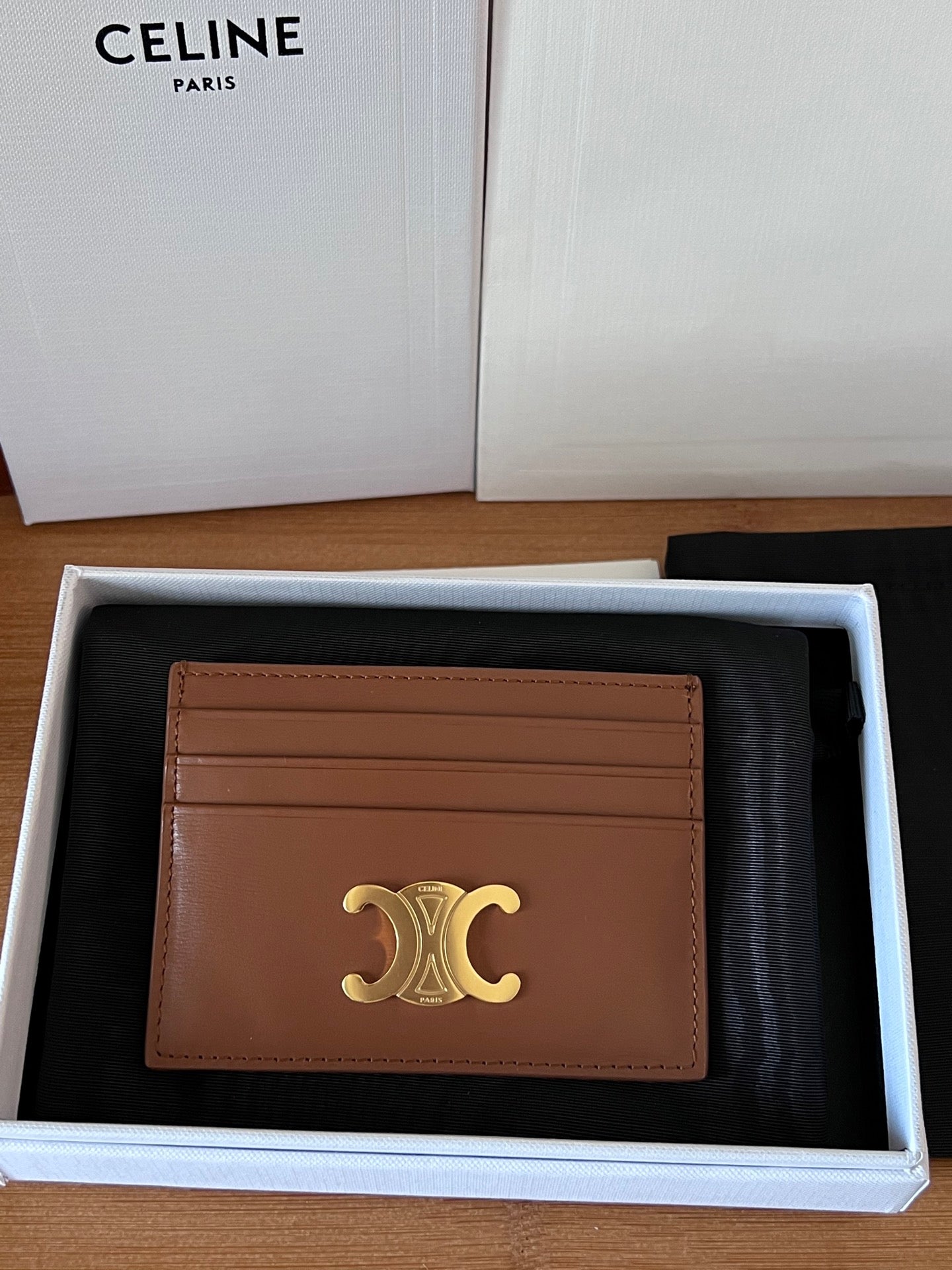 TRIOMPHE Card Holder Tan Cowhide& Fabric GHW