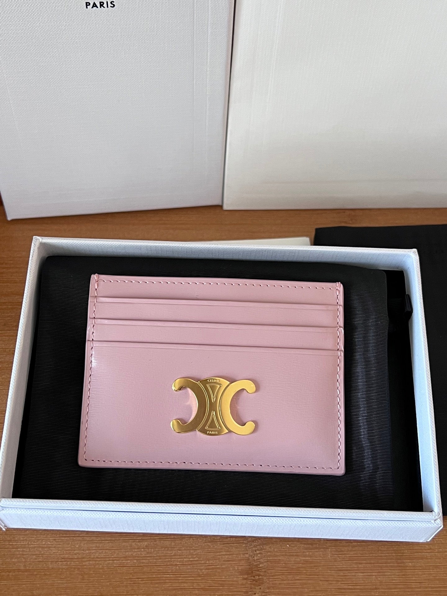 TRIOMPHE Card Holder Pink Cowhide& Fabric GHW