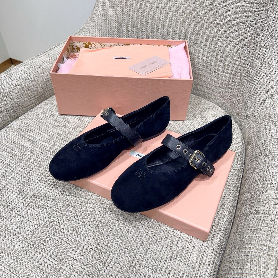 Miu 26s Mary Jane Flats In Black Suede With Black Buckle Strap