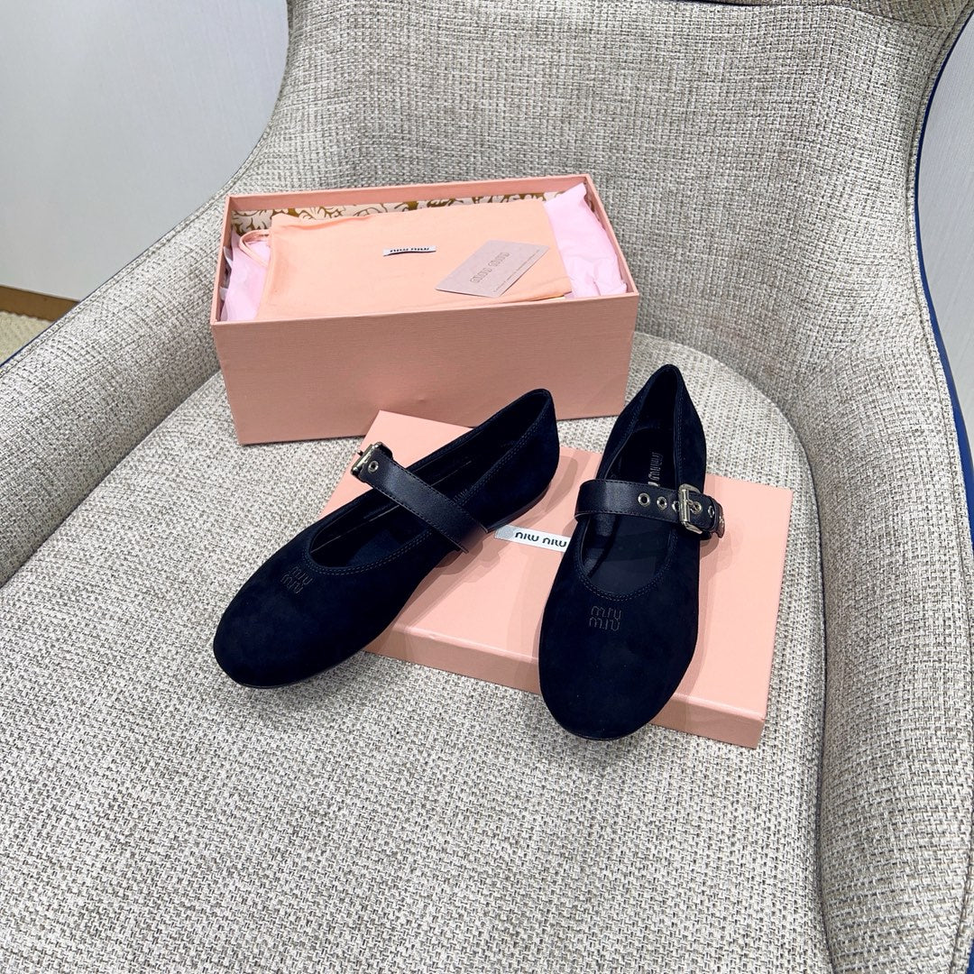 Miu 26s Mary Jane Flats In Black Suede With Black Buckle Strap