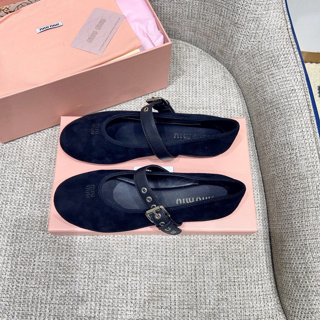 Miu 26s Mary Jane Flats In Black Suede With Black Buckle Strap