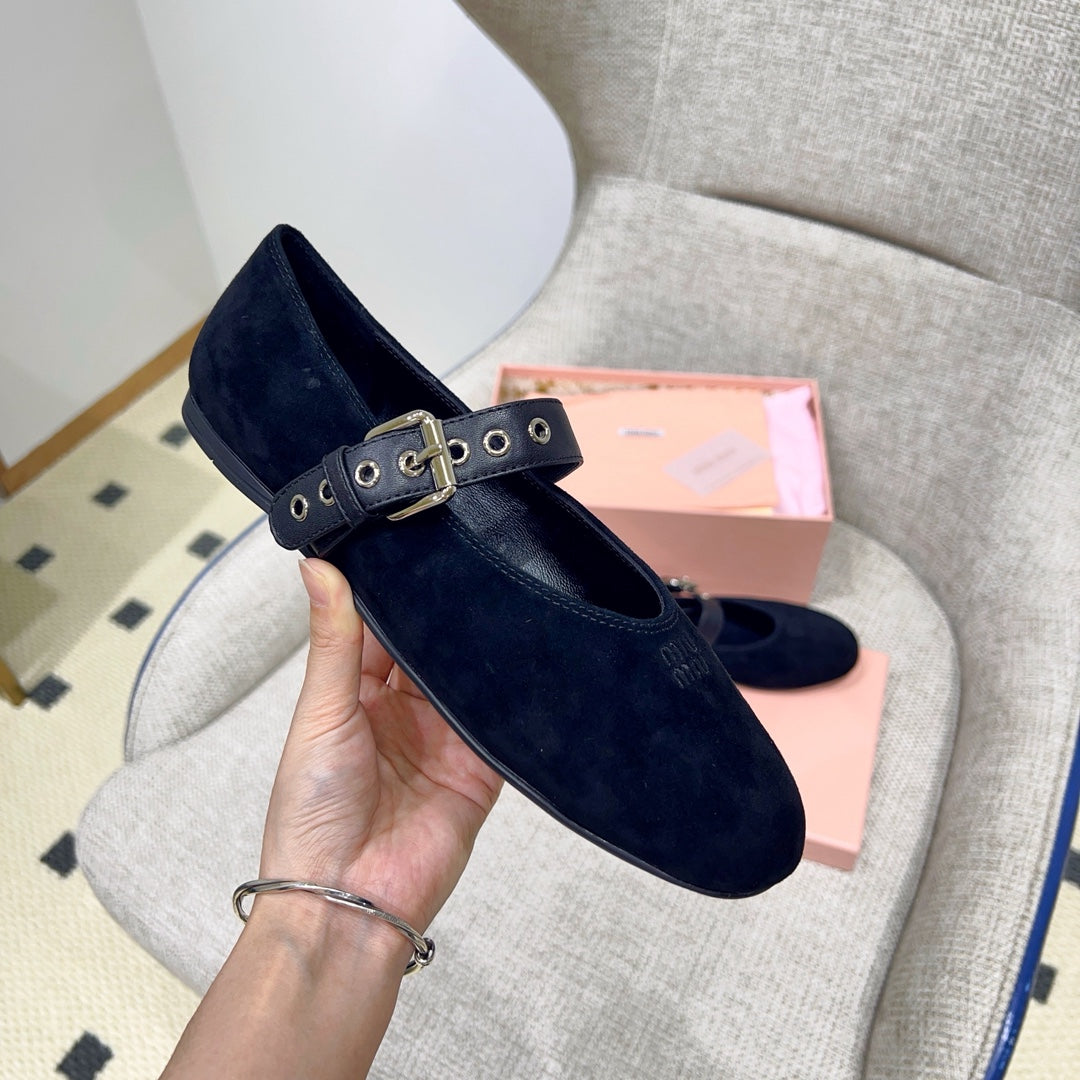 Miu 26s Mary Jane Flats In Black Suede With Black Buckle Strap