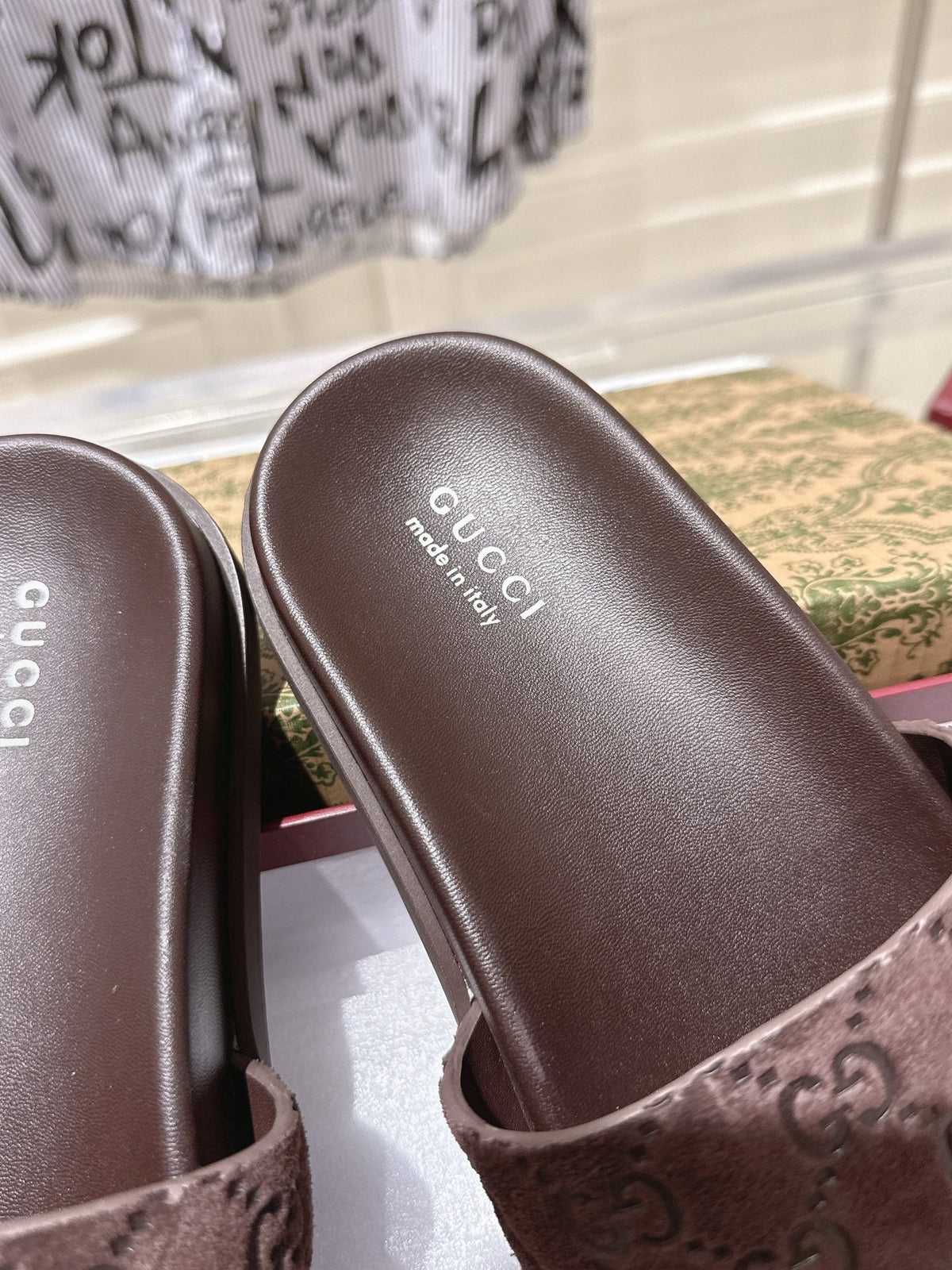GG 26s Slides In Dark Brown Suede With Embossed Logo Style 1