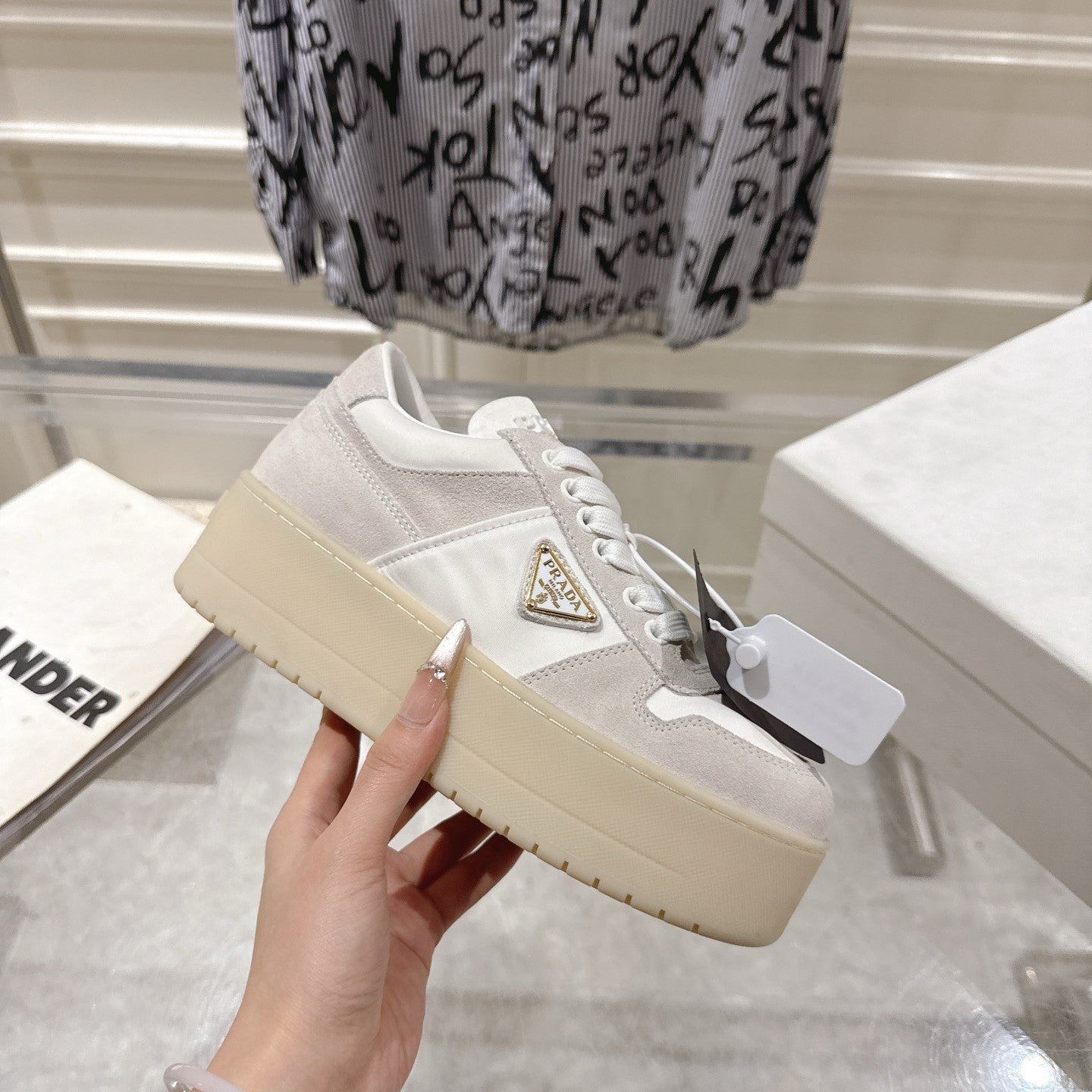 Prada 26s Downtown Sneakers Off White Re-Nylon Suede 968257