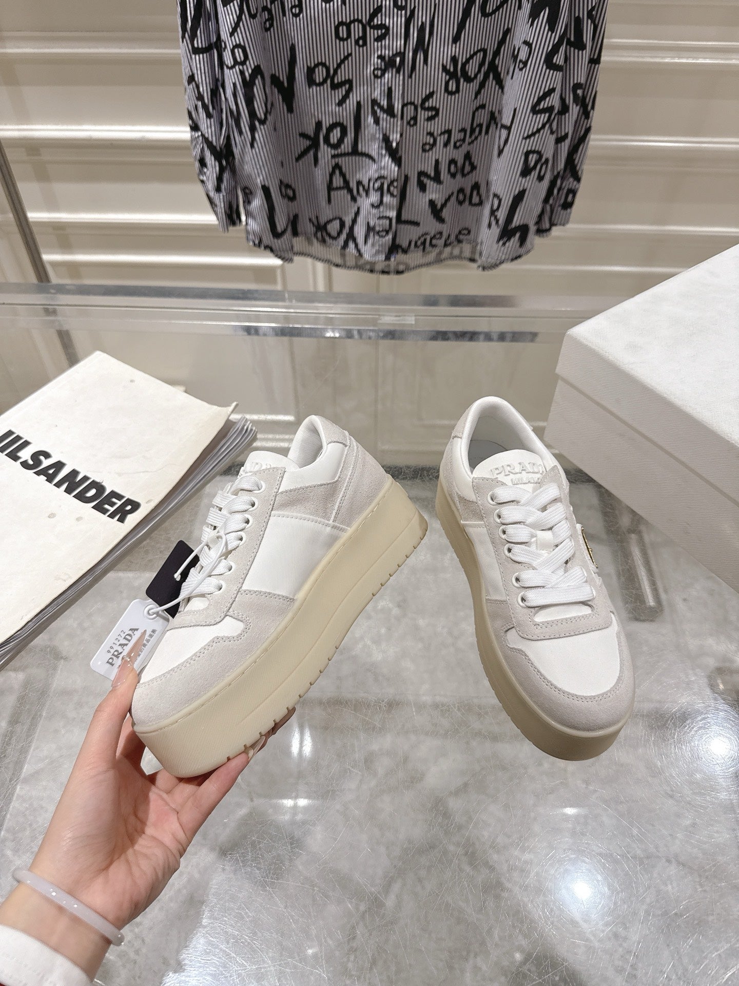 Prada 26s Downtown Sneakers Off White Re-Nylon Suede 968257