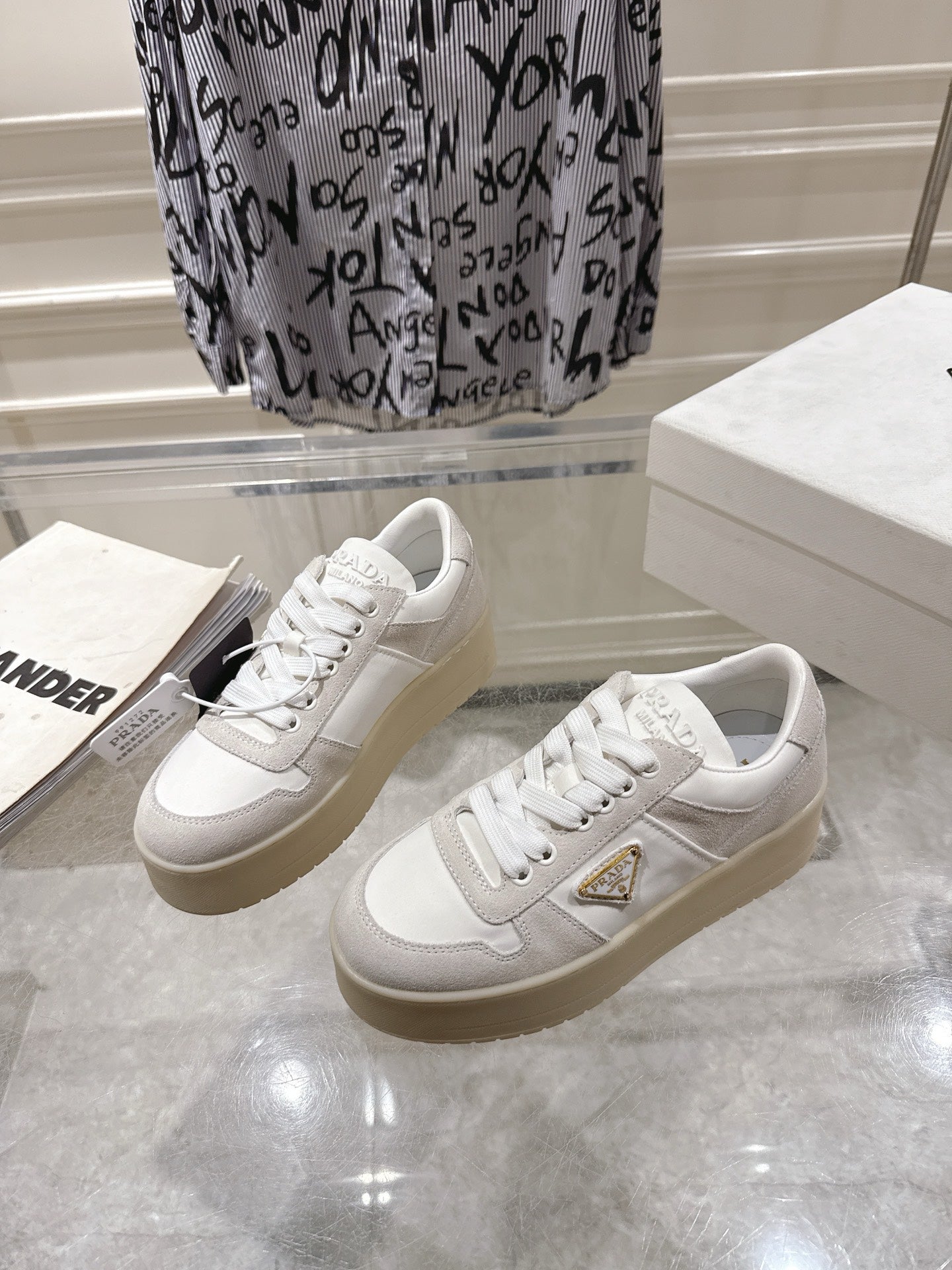 Prada 26s Downtown Sneakers Off White Re-Nylon Suede 968257