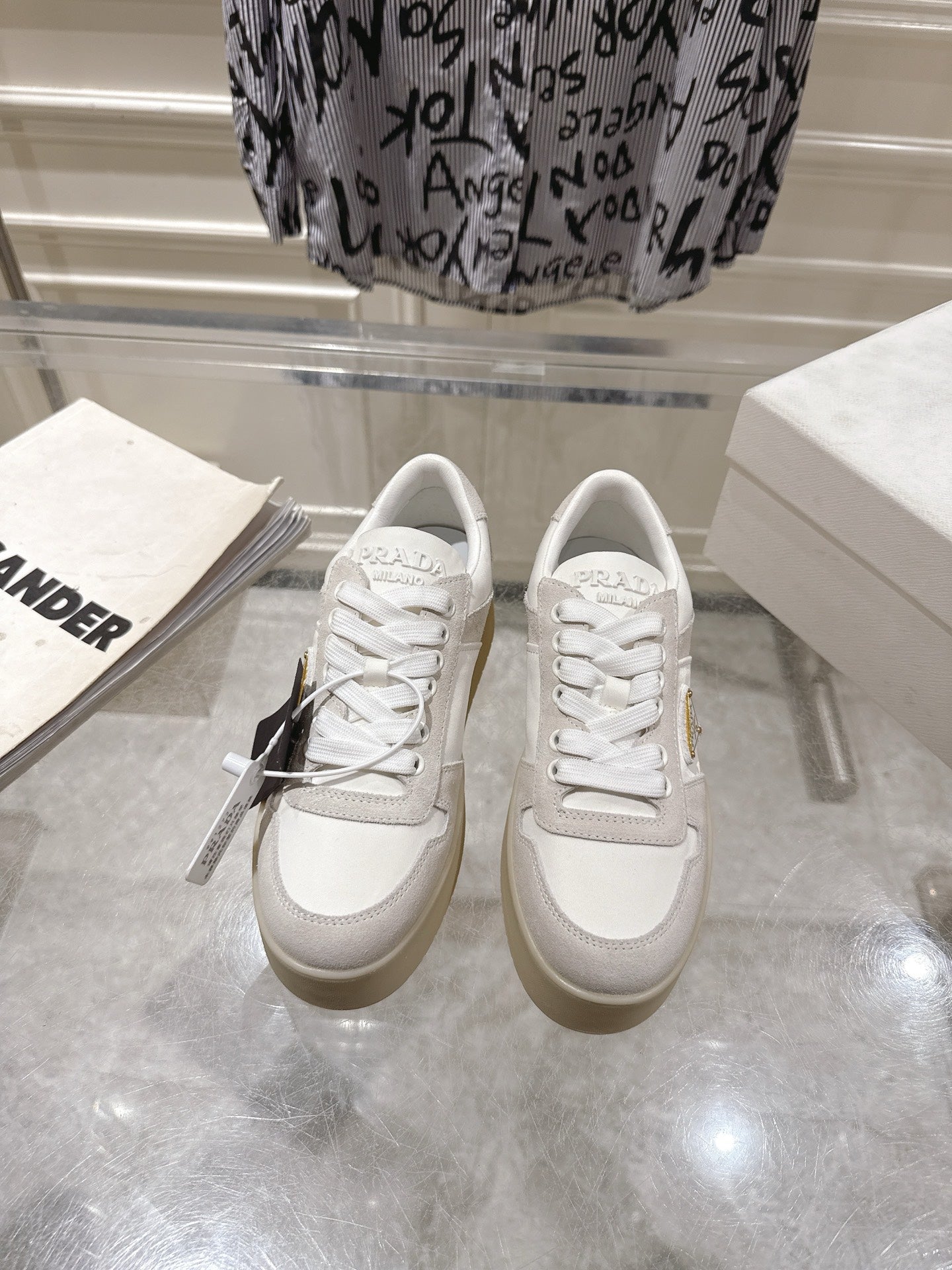 Prada 26s Downtown Sneakers Off White Re-Nylon Suede 968257