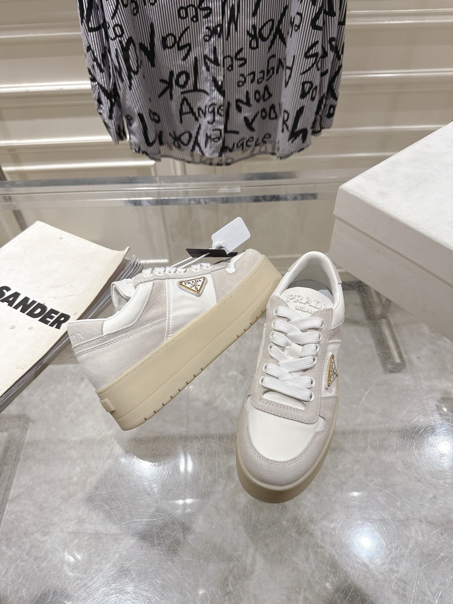 Prada 26s Downtown Sneakers Off White Re-Nylon Suede 968257
