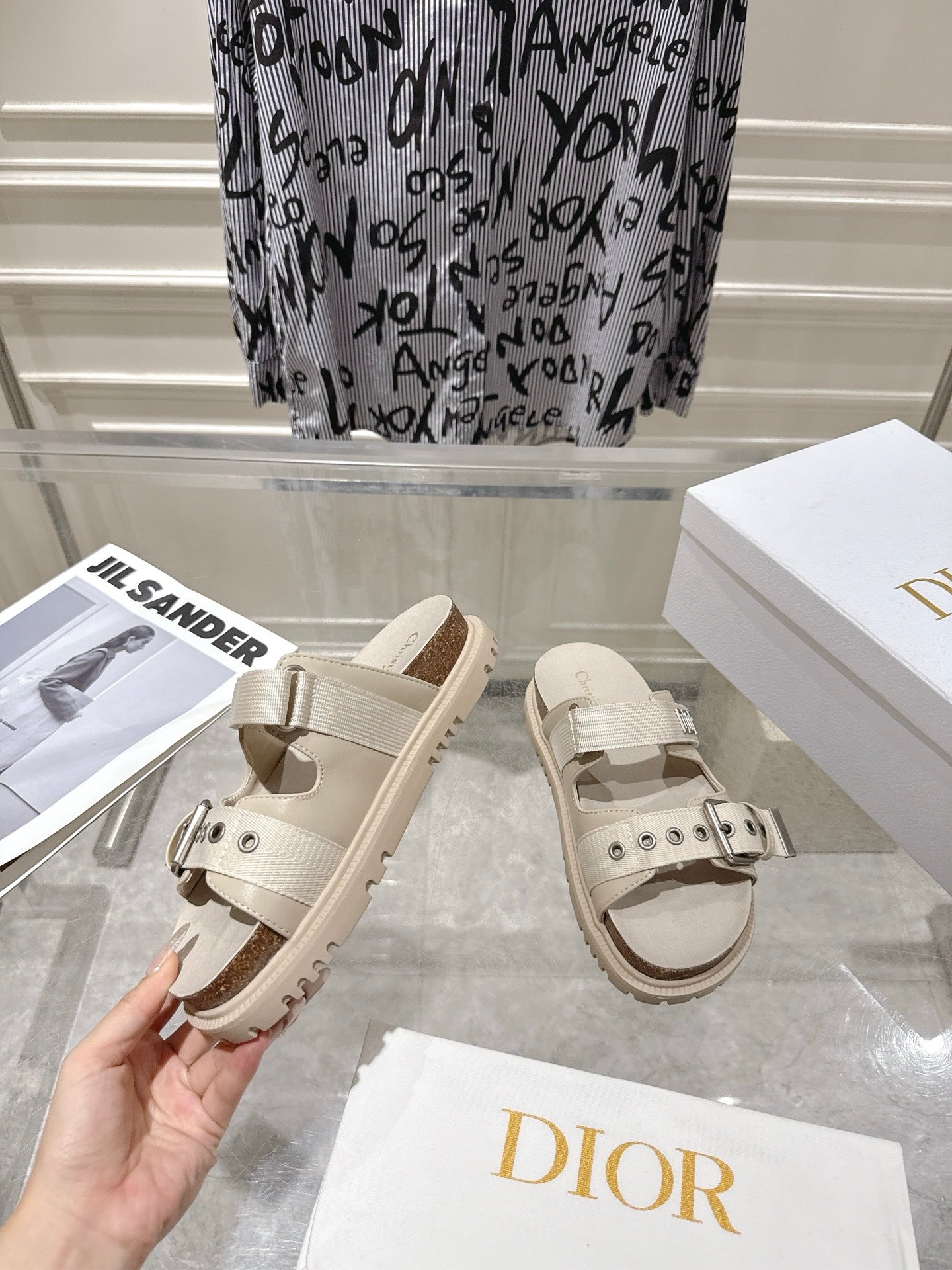 CD 26s Double-Strap Slide Sandals Ivory Calfskin 919013