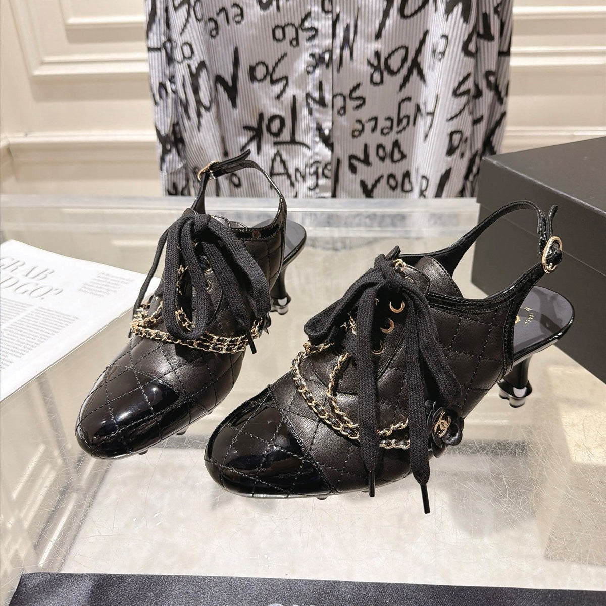 CC 26b Quilted Lace Up Slingback Black Leather 124294