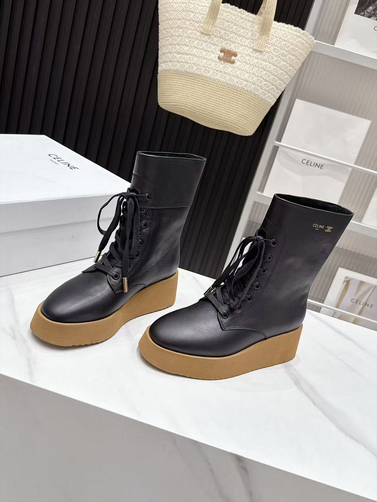 CE 26s Wedge Combat Boots 5cm Black Gum Leather 131453
