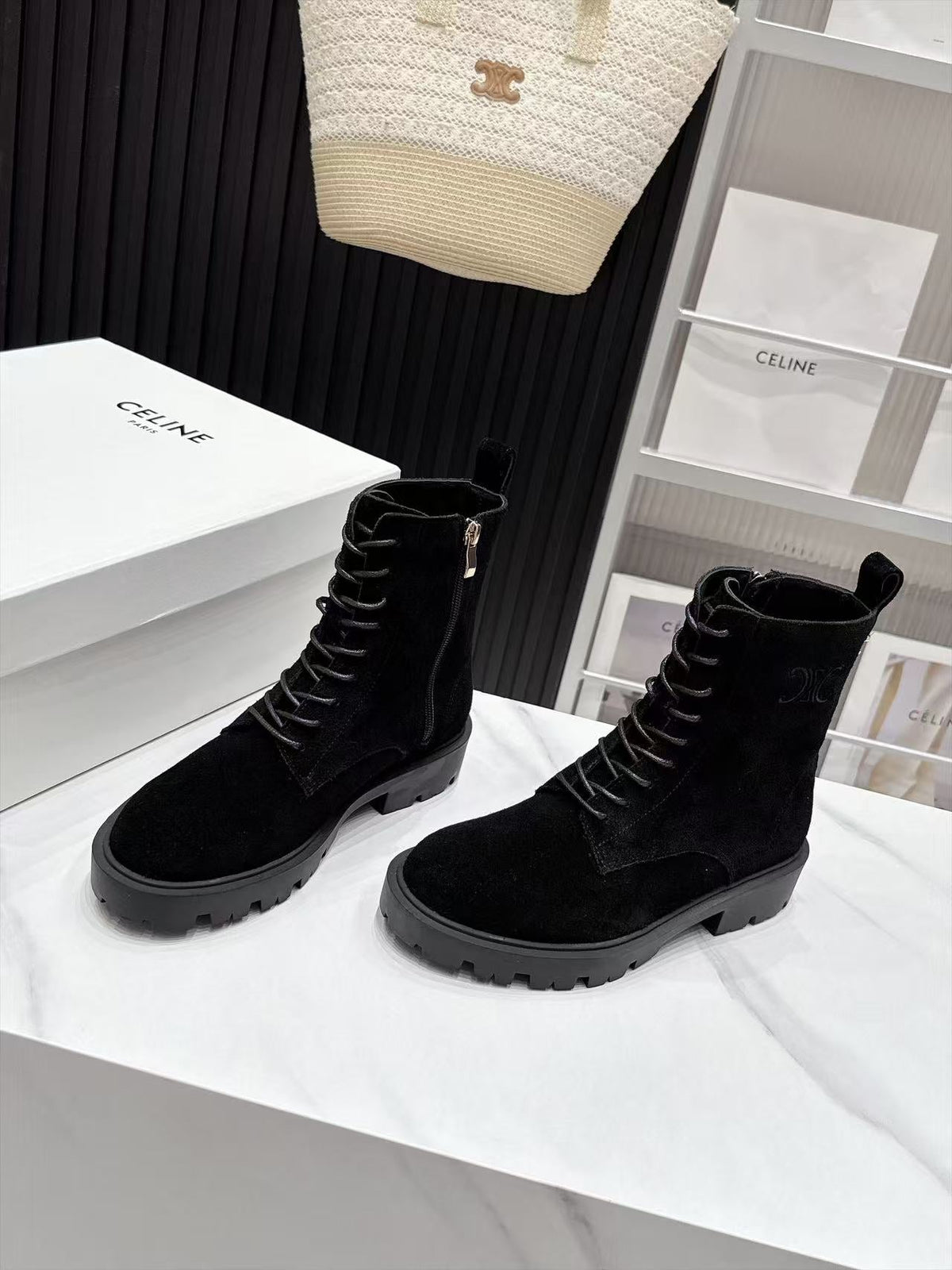 CE 26s Margaret Combat Boots 3.5cm Black Suede 147660