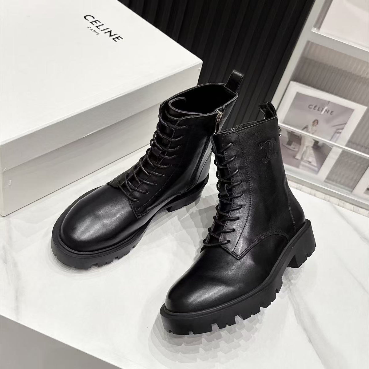 CE 26s Margaret Combat Boots 3.5cm Black Leather 147664
