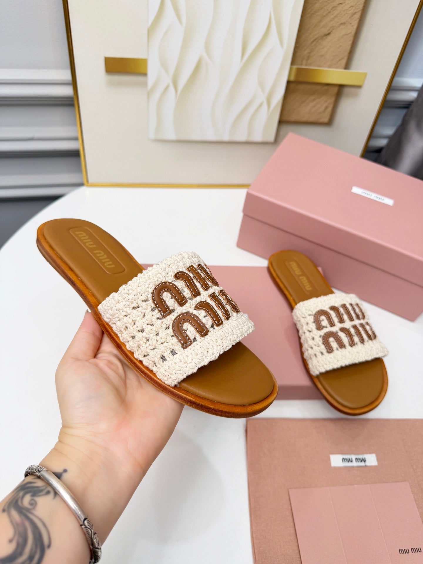 Miu Logo-Patch Slides Brown White Leather Woven 935772