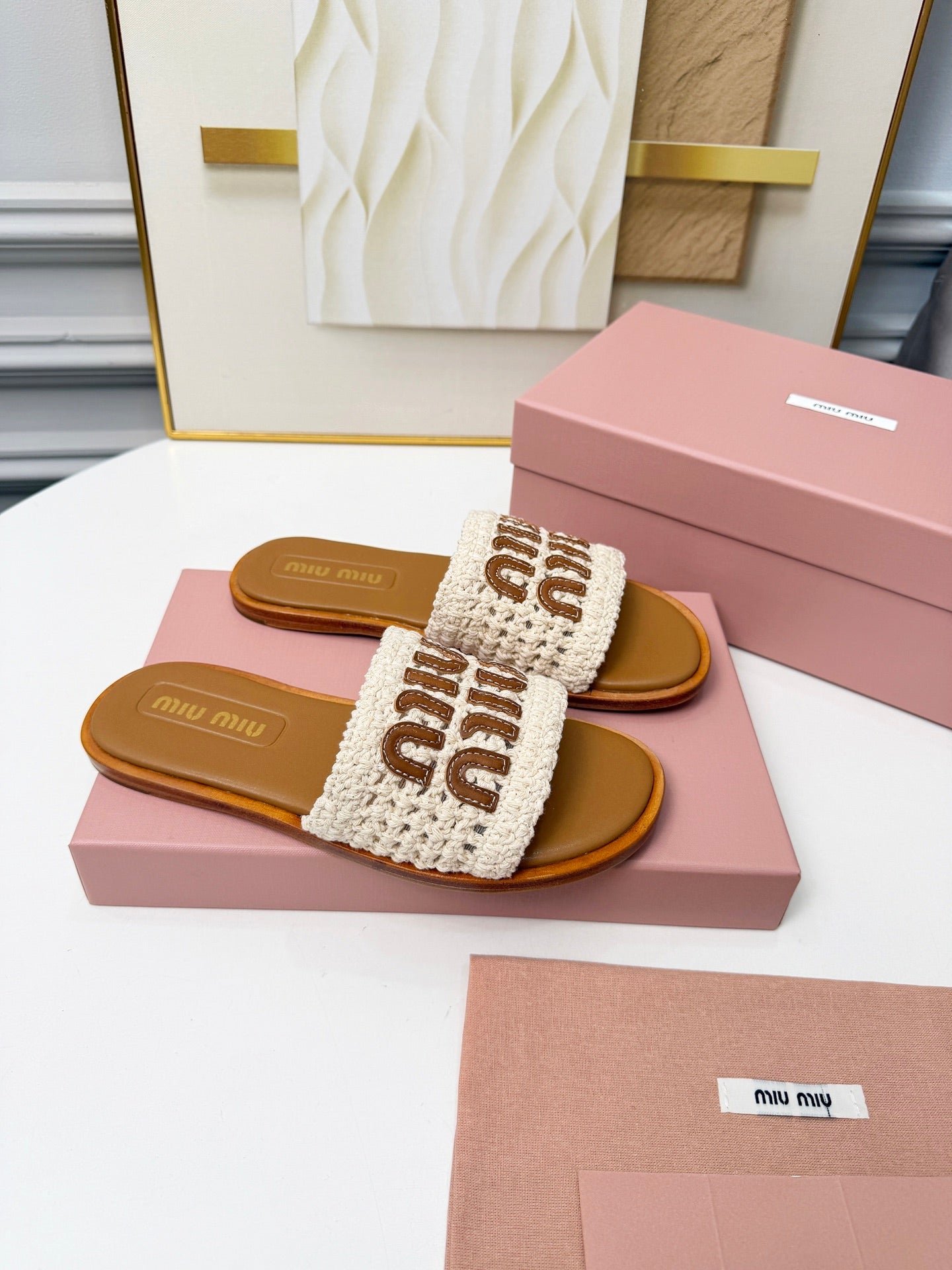 Miu Logo-Patch Slides Brown White Leather Woven 935772