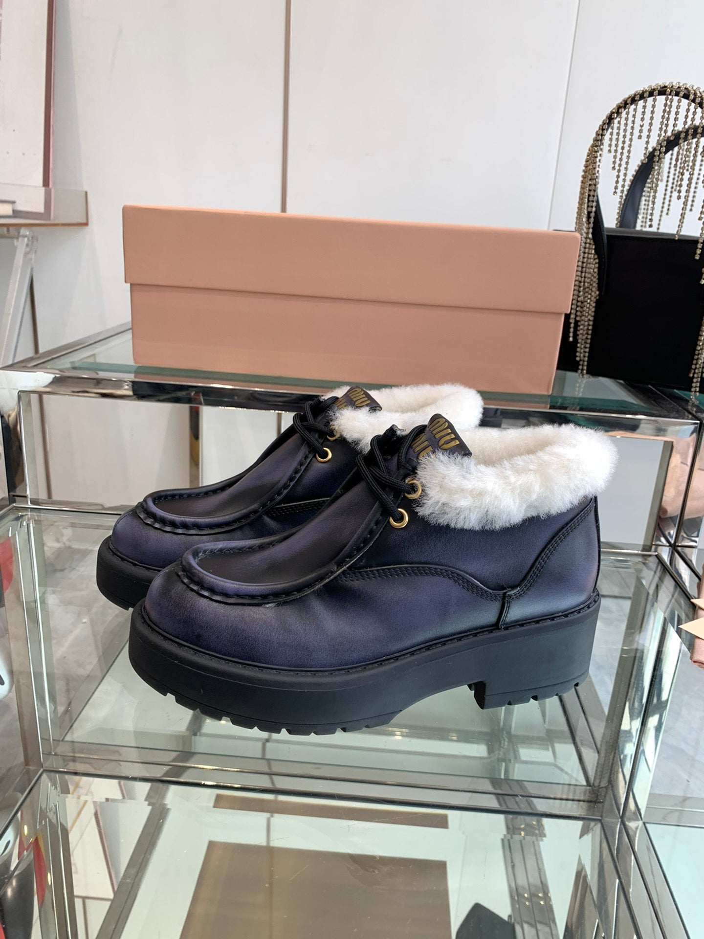 Miu Short Wool Boots Plain Dark Charcoal Open-Hemmed Cowhide