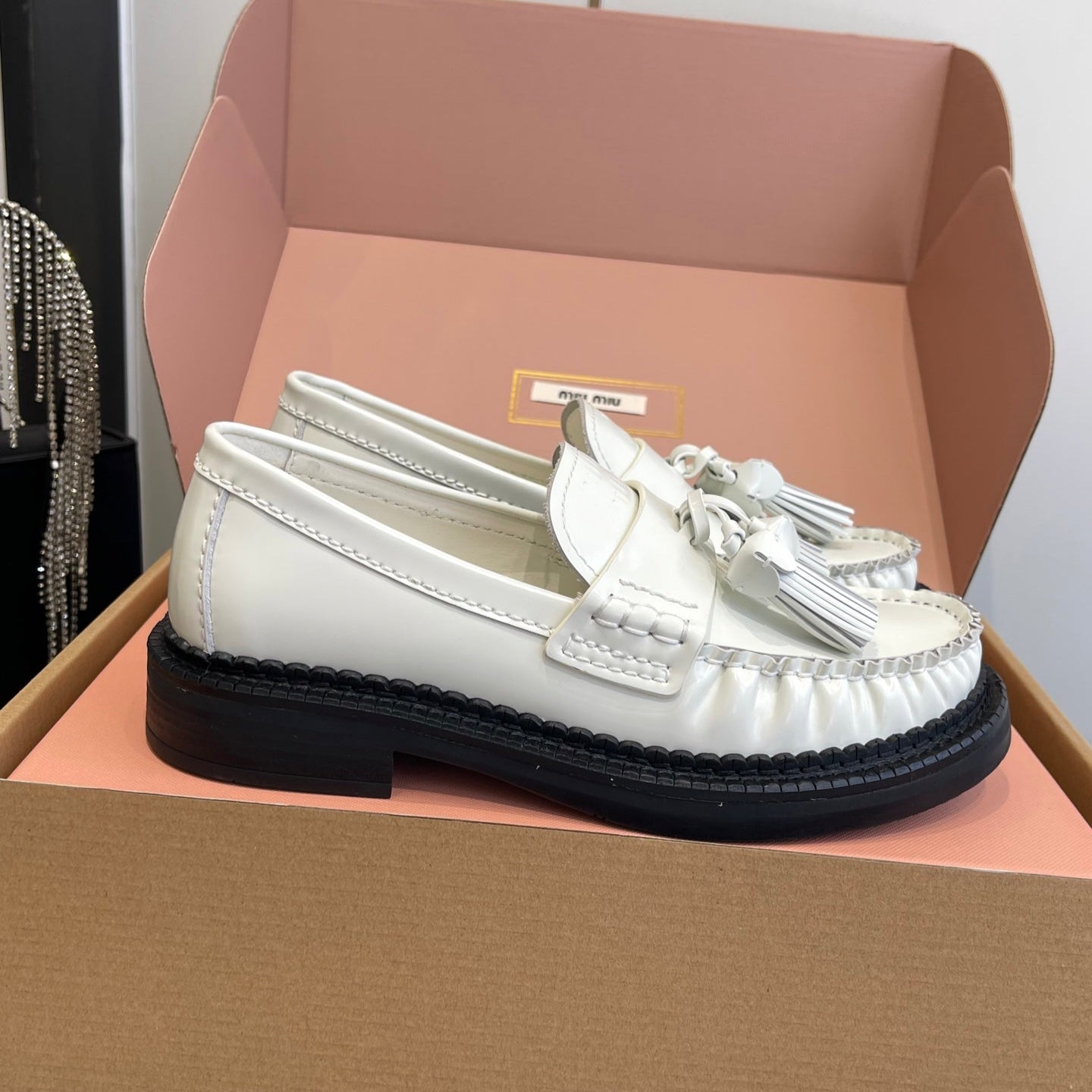 Miu Tassel Loafers White Polished Leather 490951