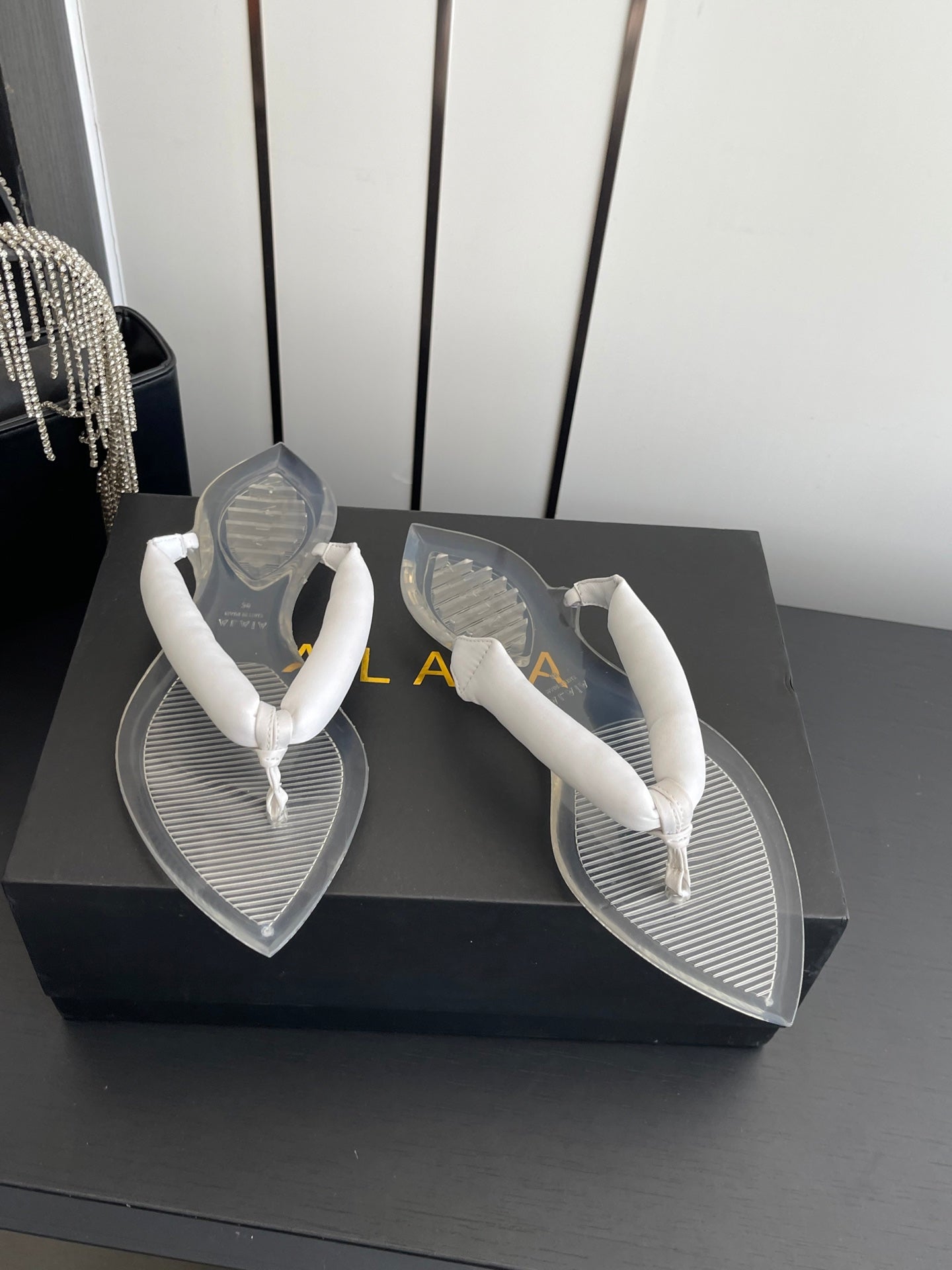 Alaïa Invisible Thong Mules White Satin 740043