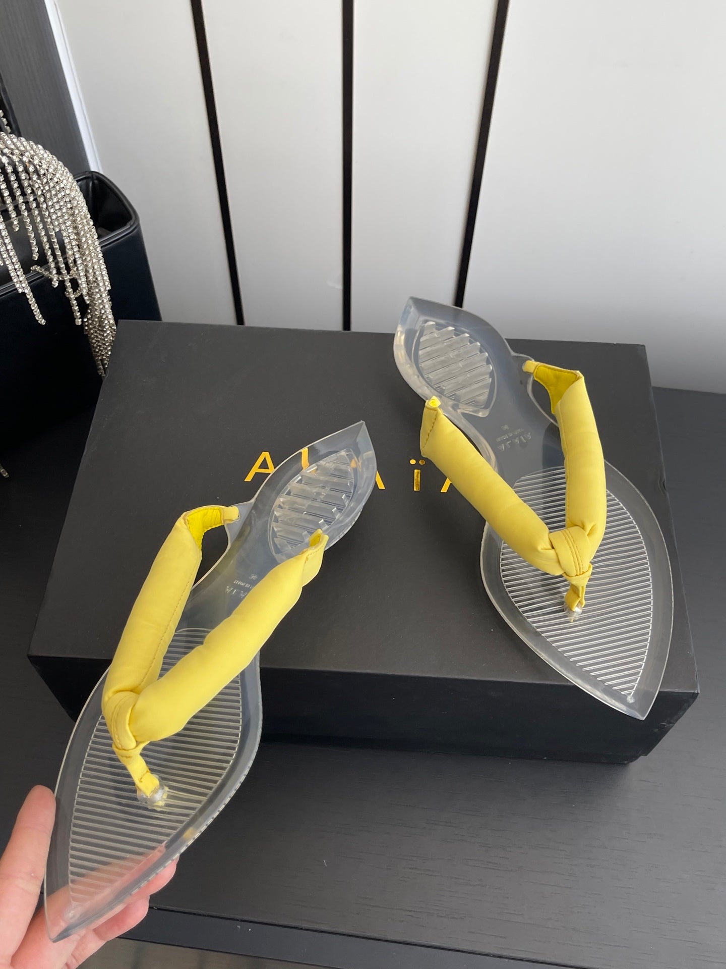 Alaïa Invisible Thong Mules Light Yellow Satin 740045